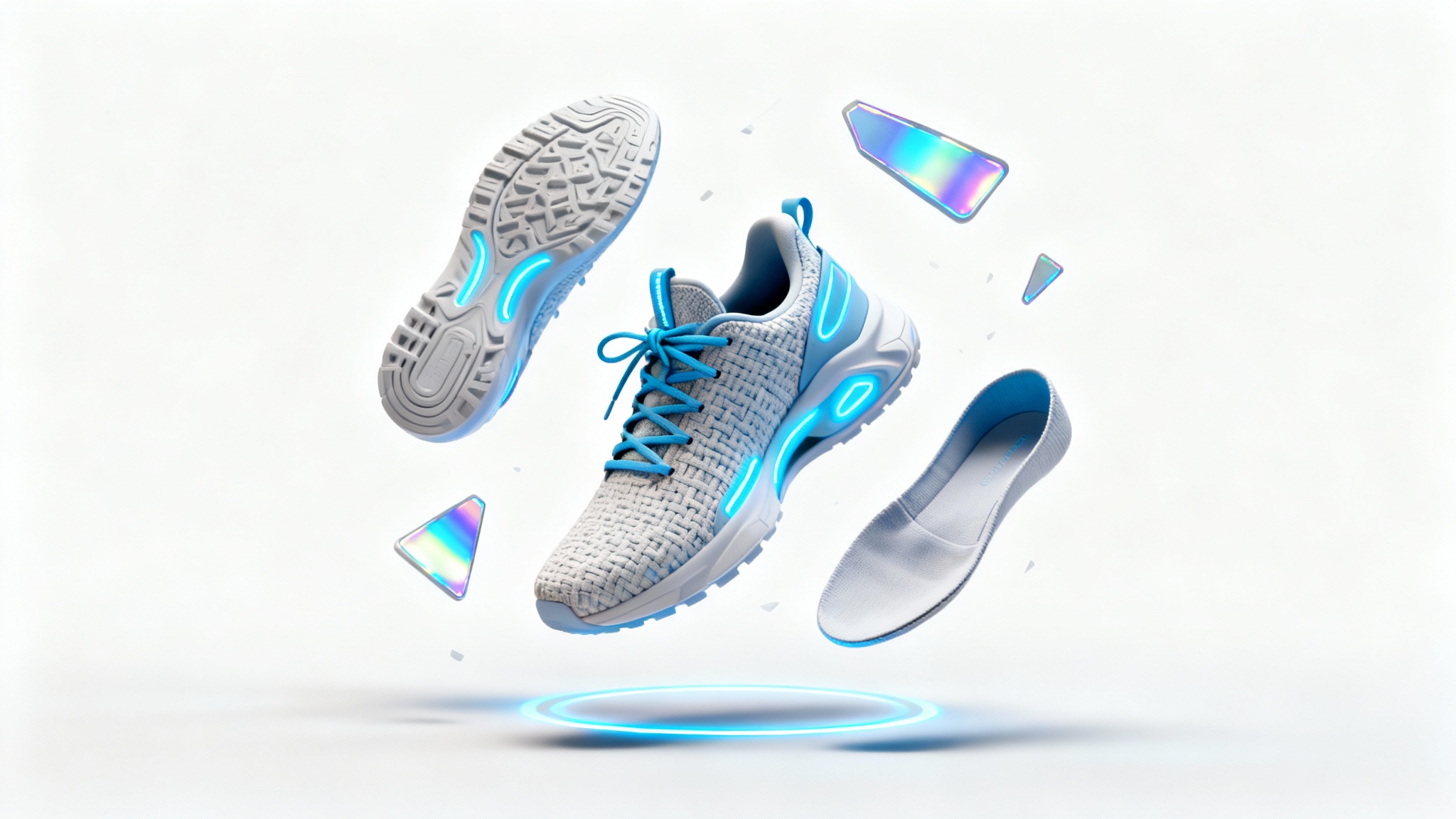A photorealistic 3D rendering of a futuristic sneaker deconstructing in mid-air, its various parts floating around a central point against a clean white background, simulating a 3D animation.