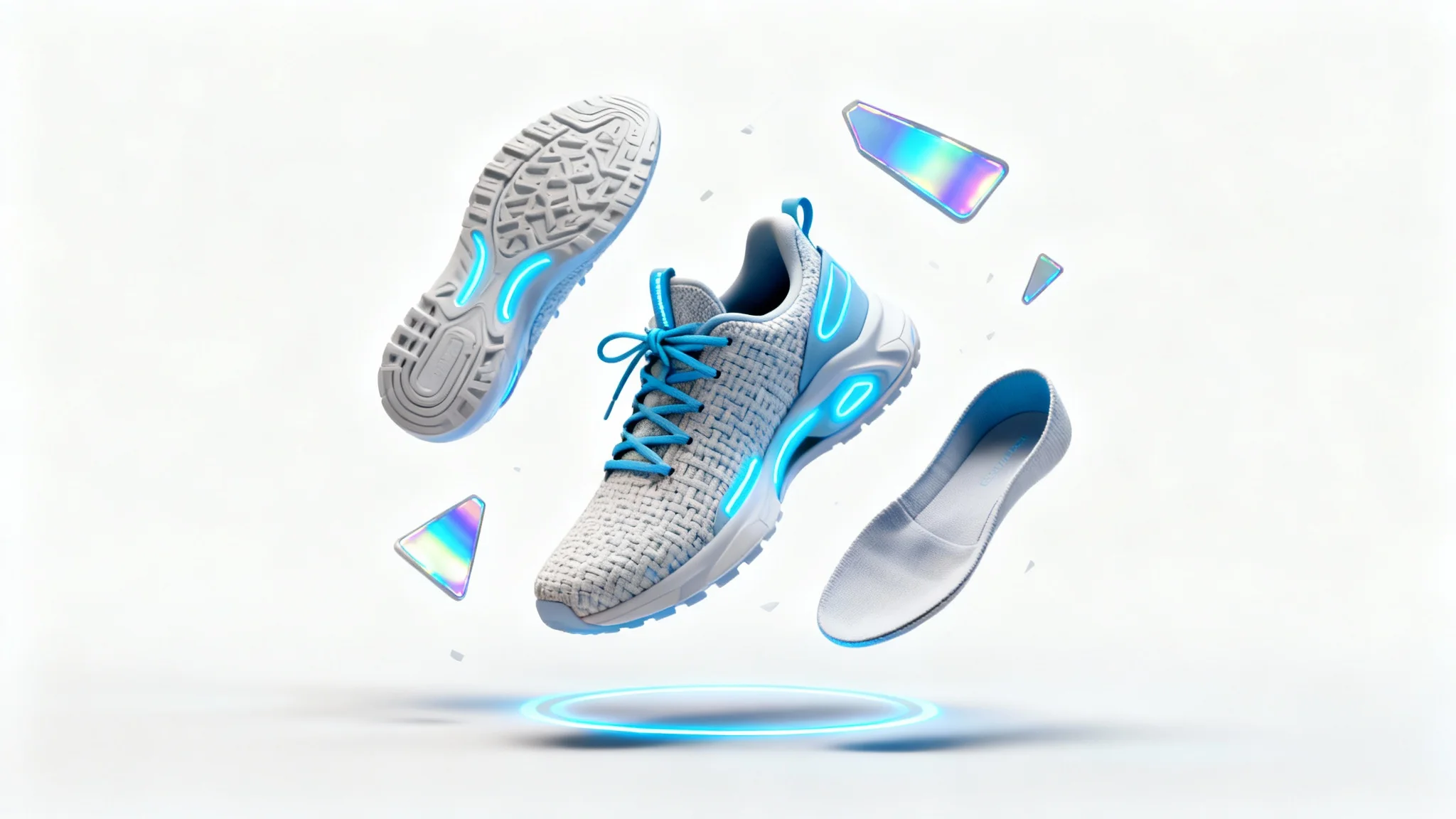 A photorealistic 3D rendering of a futuristic sneaker deconstructing in mid-air, its various parts floating around a central point against a clean white background, simulating a 3D animation.