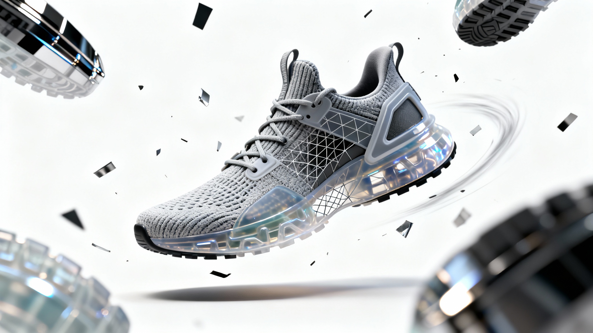 A 3D rendering of a modern sneaker deconstructed into its various parts, sole, fabric, and laces floating against a white background, illustrating a 3D shoe animation.
