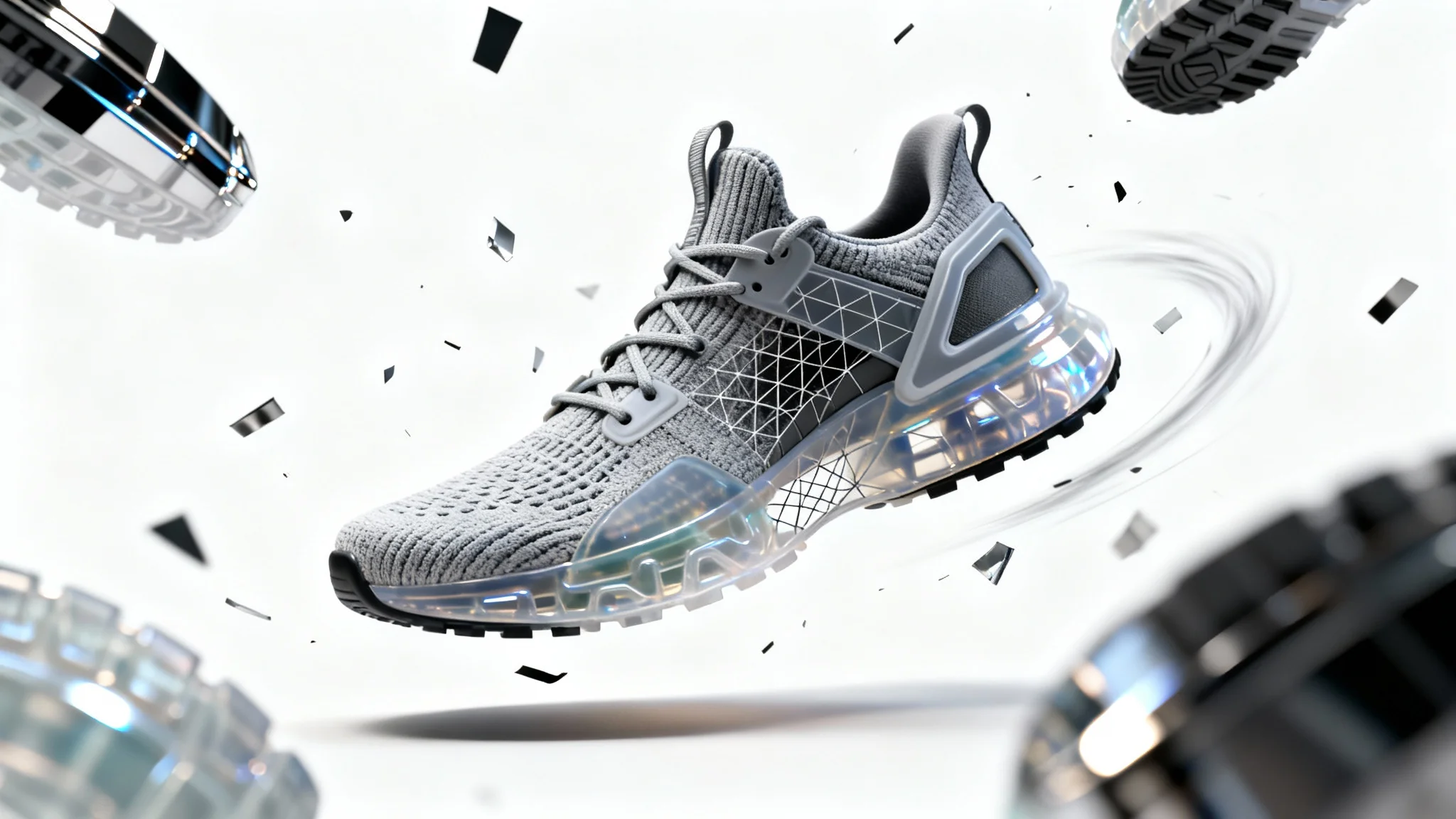 A 3D rendering of a modern sneaker deconstructed into its various parts, sole, fabric, and laces floating against a white background, illustrating a 3D shoe animation.