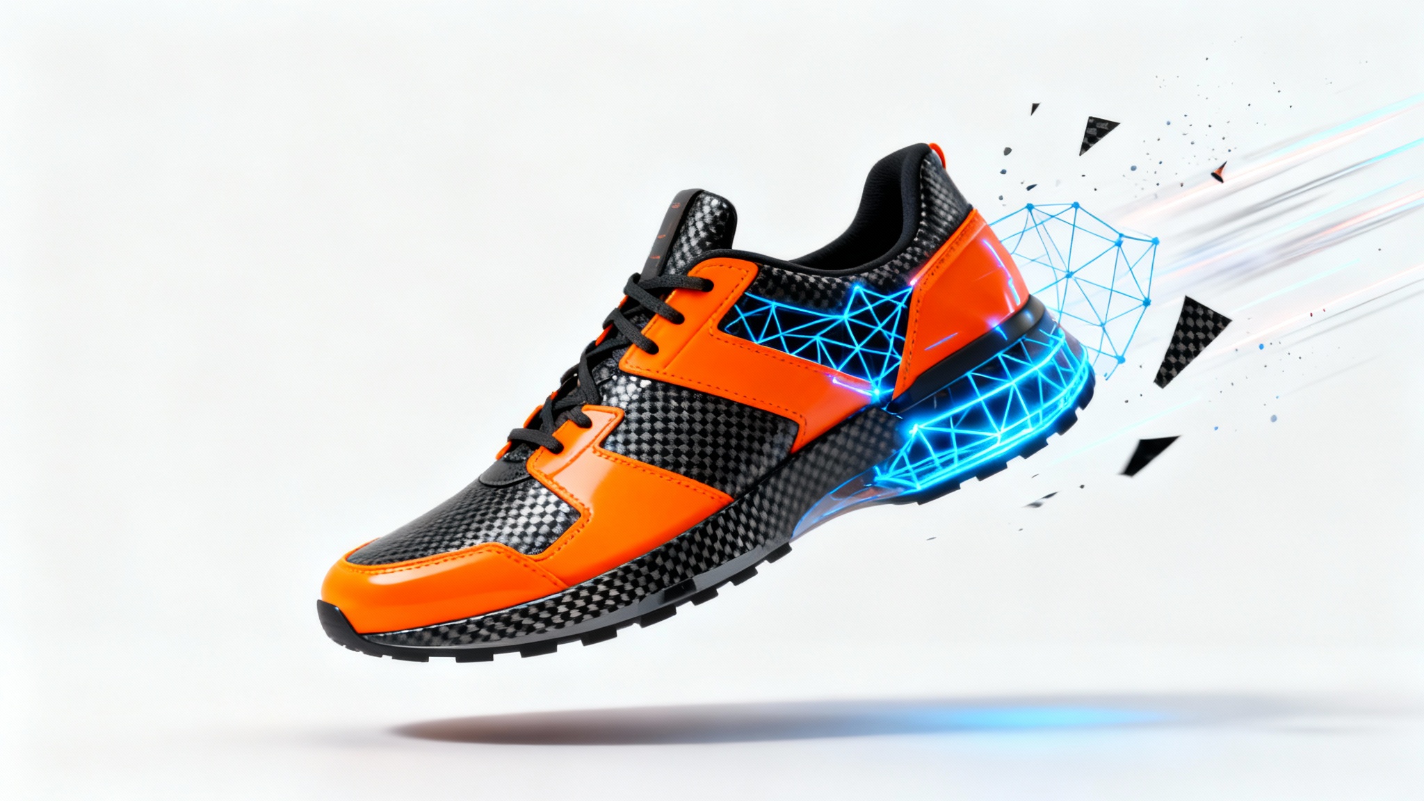 A photorealistic 3D rendering of a futuristic sneaker captured mid-animation, with its parts deconstructed to reveal a glowing wireframe, set against a stark white background.