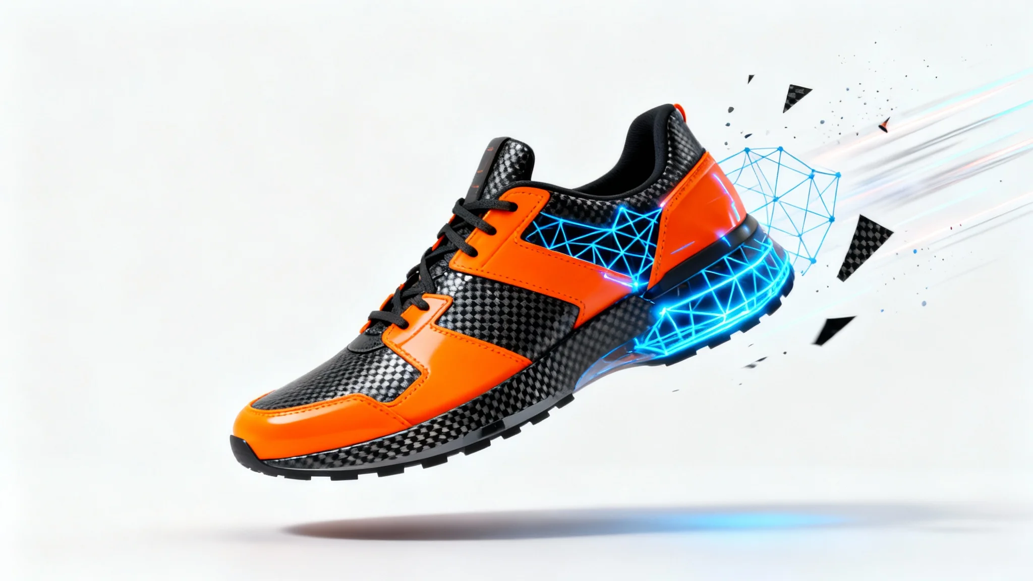 A photorealistic 3D rendering of a futuristic sneaker captured mid-animation, with its parts deconstructed to reveal a glowing wireframe, set against a stark white background.