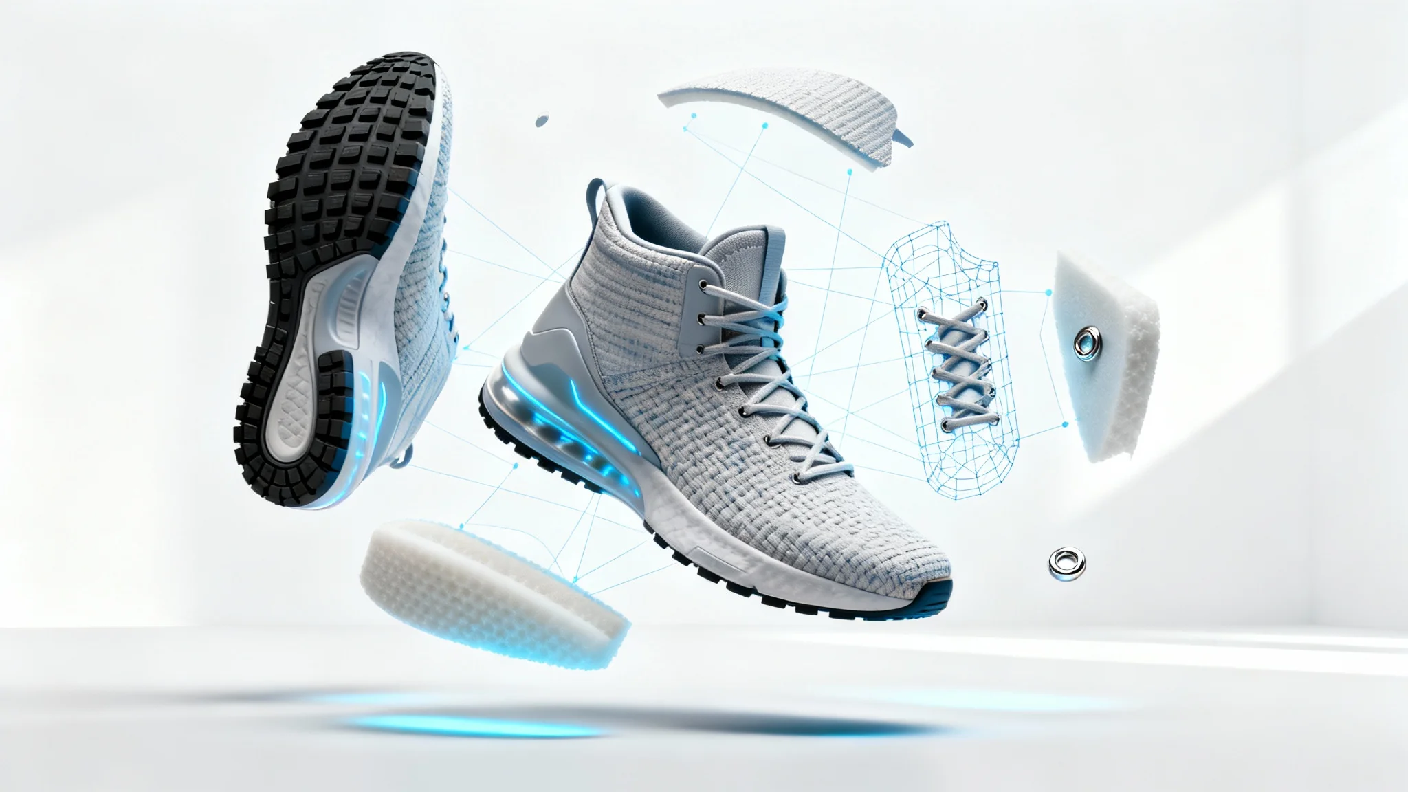 A futuristic sneaker shown in a 3D exploded view, with its individual parts floating against a white background, connected by digital lines, representing 3D shoe animation.