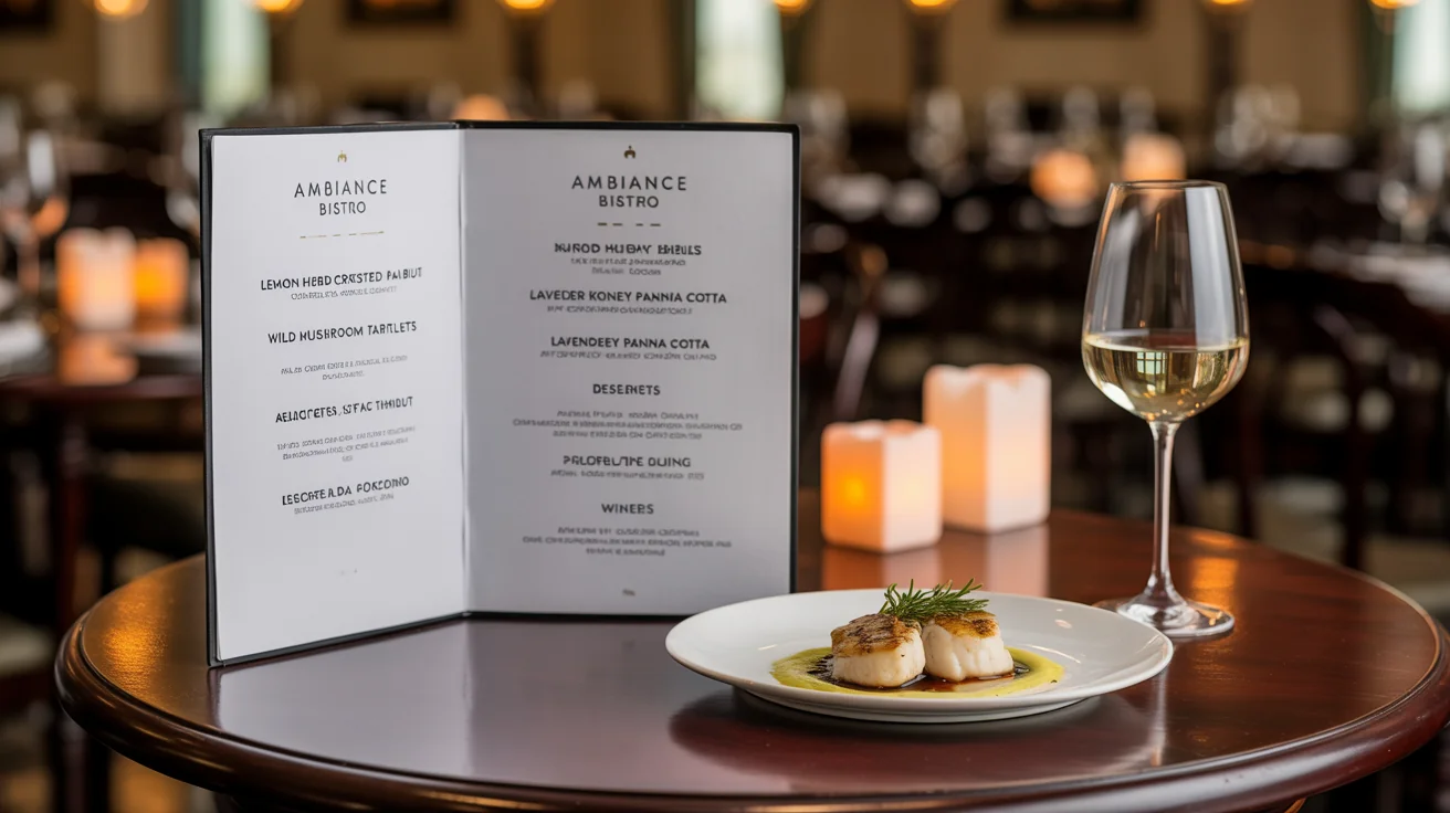 A finished, professionally designed restaurant menu displayed on a table in an upscale setting, next to a plated dish and a glass of wine.