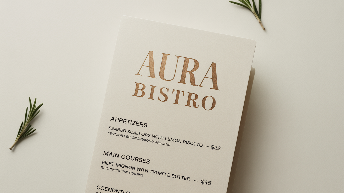 A mockup of a modern and elegant single-page restaurant menu for 'AURA BISTRO', laid flat on a pure white background. The menu has gold foil lettering and a clean, minimalist design.