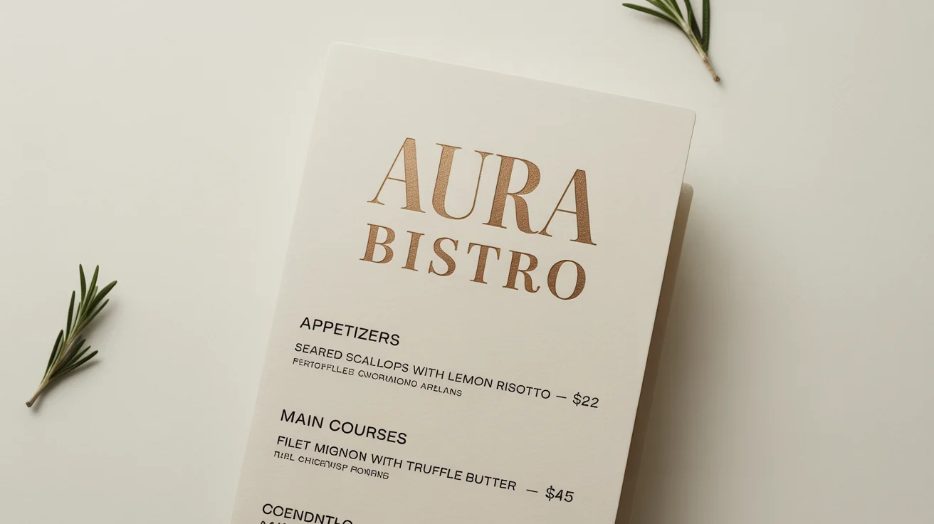 A mockup of a modern and elegant single-page restaurant menu for 'AURA BISTRO', laid flat on a pure white background. The menu has gold foil lettering and a clean, minimalist design.