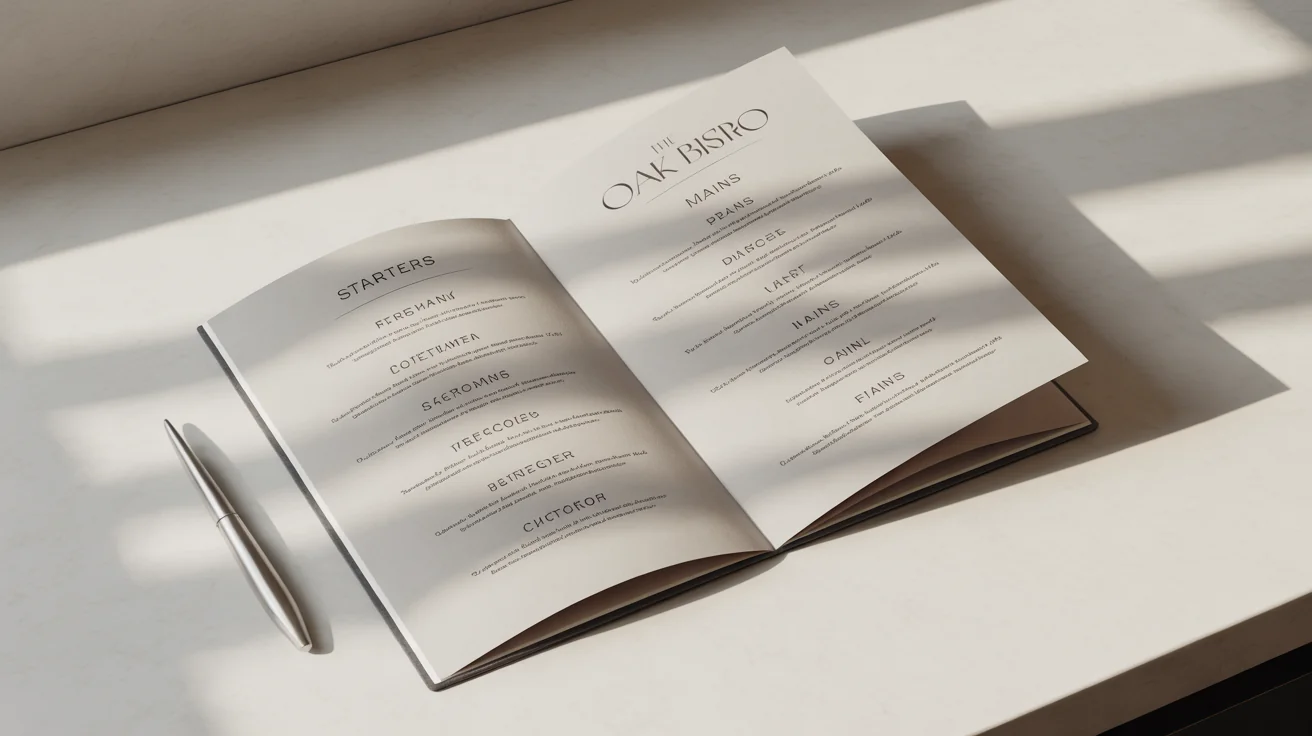 A photorealistic mockup of an open, elegant restaurant menu from 'THE OAK BISTRO', laid on a clean white background, showing the 'STARTERS' and 'MAINS' sections.