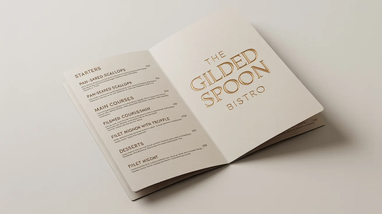 A professionally designed, open bi-fold restaurant menu for 'The Gilded Spoon Bistro' on a clean white background, showcasing an elegant and modern design with gold foil details.