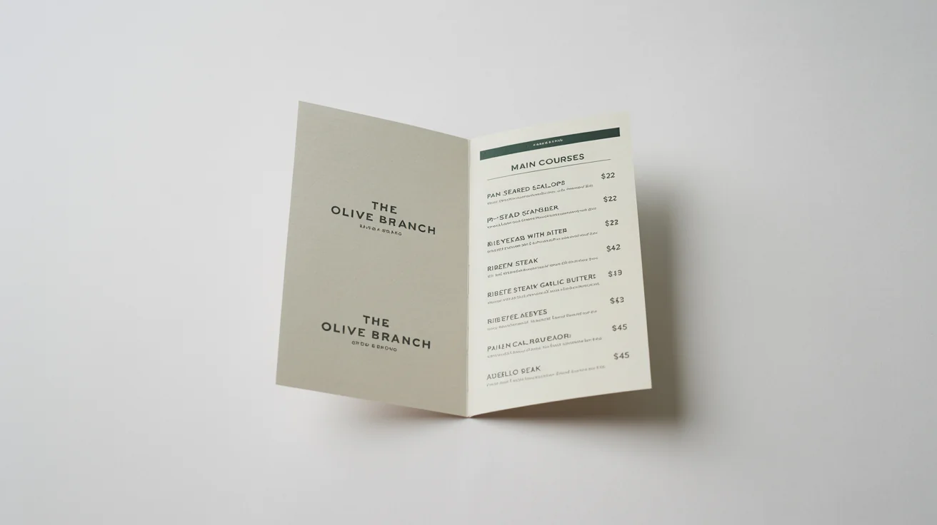 A photorealistic mockup of an open, elegant restaurant menu for 'The Olive Branch' laid flat on a clean white background, showcasing the main courses.