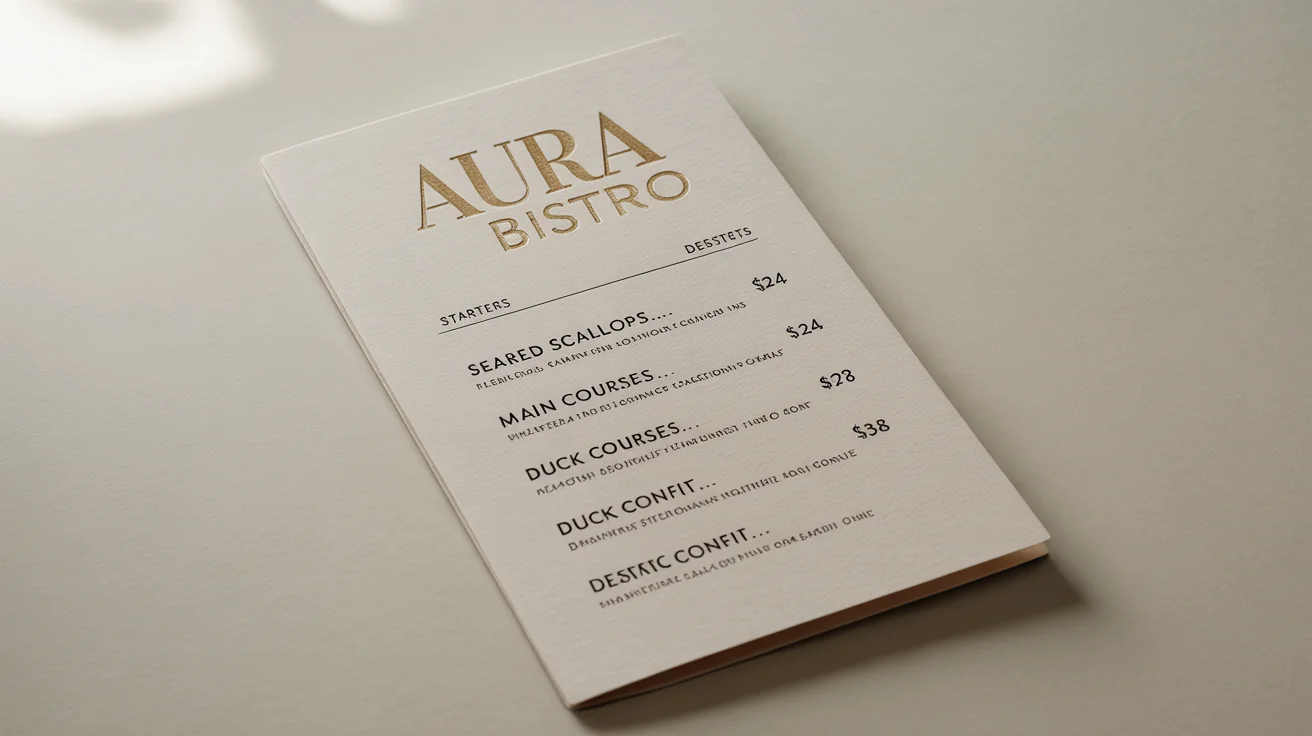 An elegant, modern restaurant menu for a fictional eatery called 'AURA BISTRO', shown flat on a clean white background. The menu features gold lettering and a clean, minimalist design.