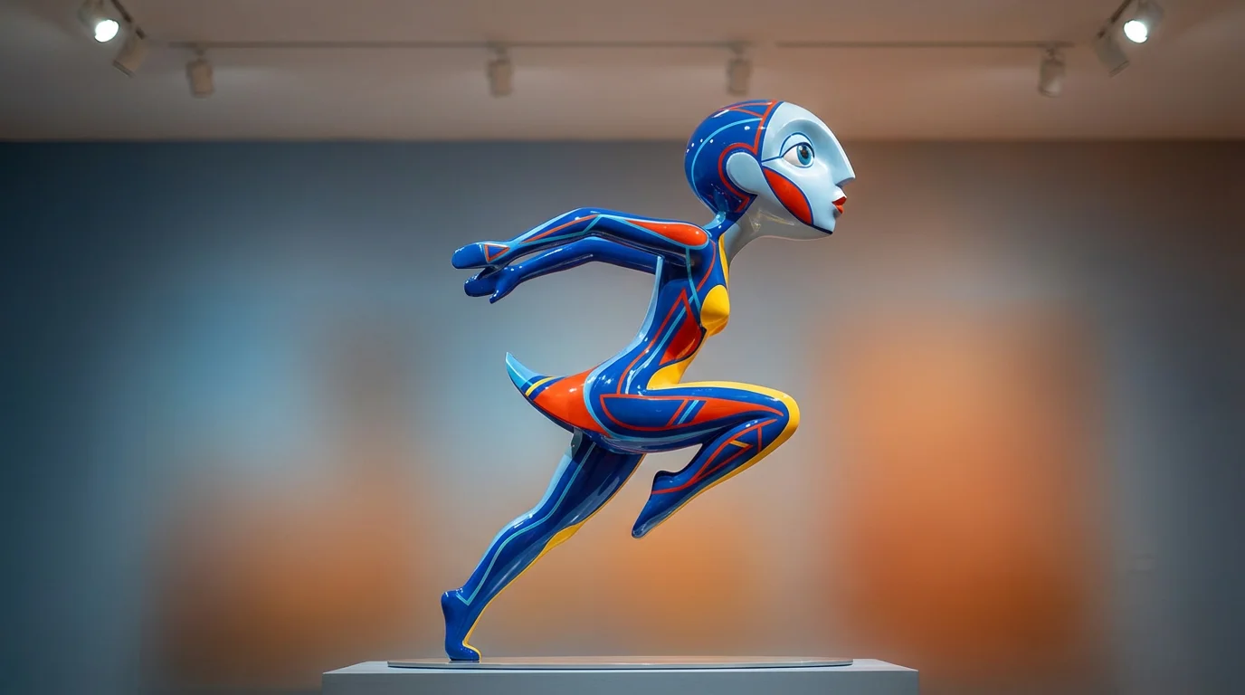 A vibrant and stylized piece of figure art showing a person in a dynamic pose. The figure has elongated limbs, a large head, and is covered in bold geometric patterns of blue, red, and yellow, set against a soft gradient background.