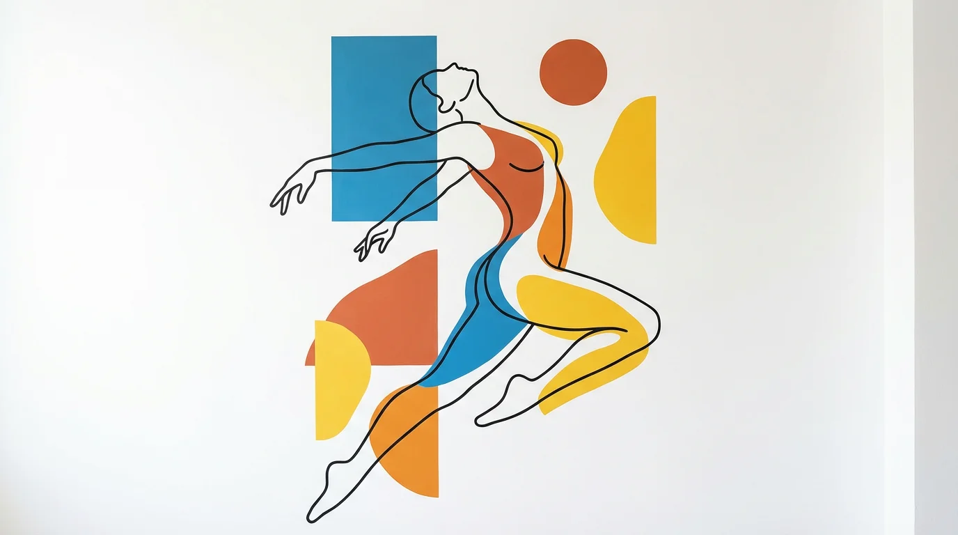 A piece of stylized figure art on a white background, featuring a person outlined in black with abstract shapes of blue, orange, and yellow.