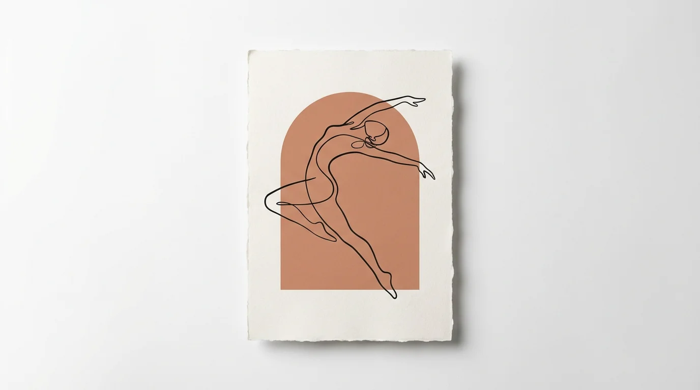 A modern art print mockup showing a stylized figure. The figure is drawn with a single continuous black line, posed gracefully in front of a muted terracotta arch shape, all on a clean white background.