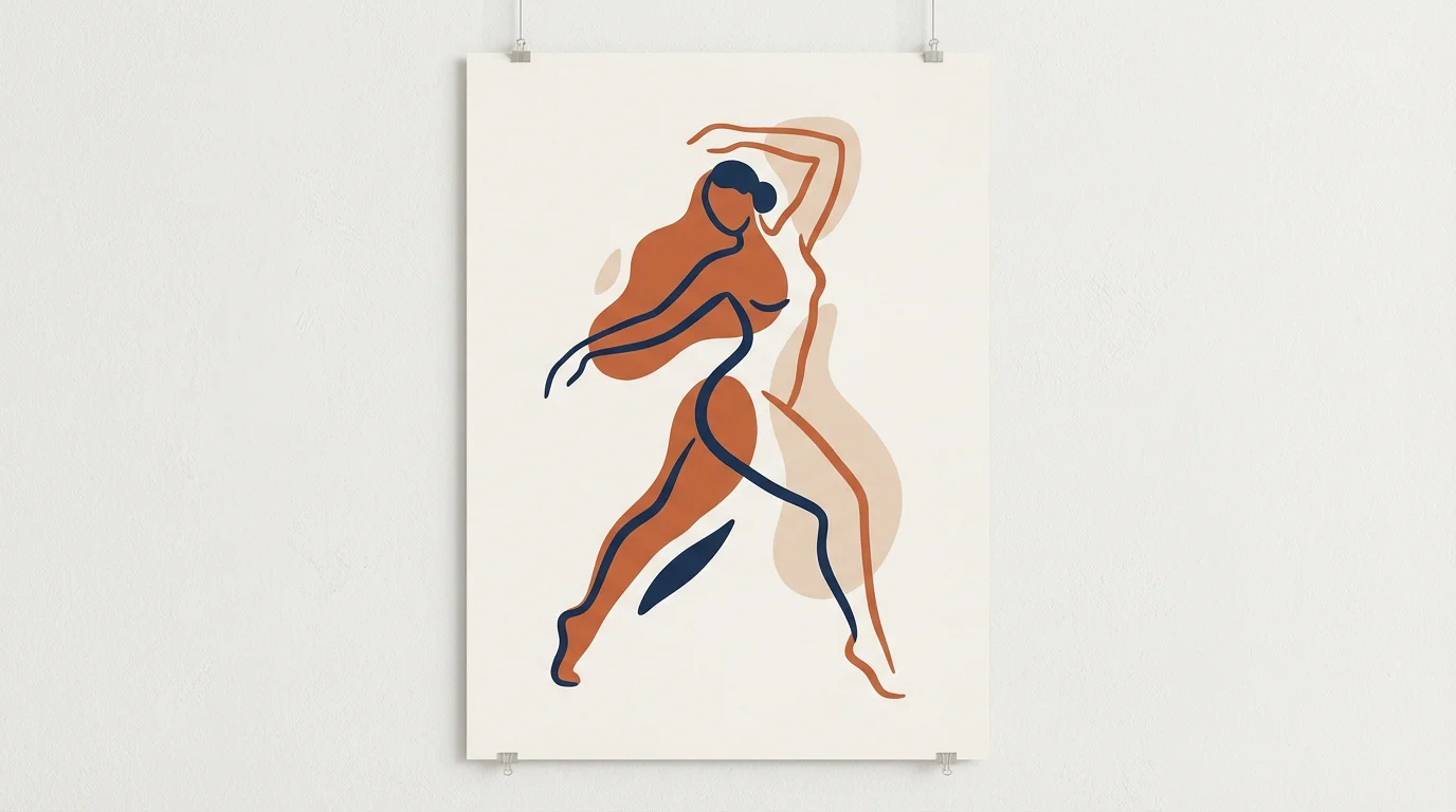 A modern, stylized digital art piece depicting a human figure in a dynamic pose, created with abstract shapes of terracotta, navy blue, and beige, set against a plain white background.