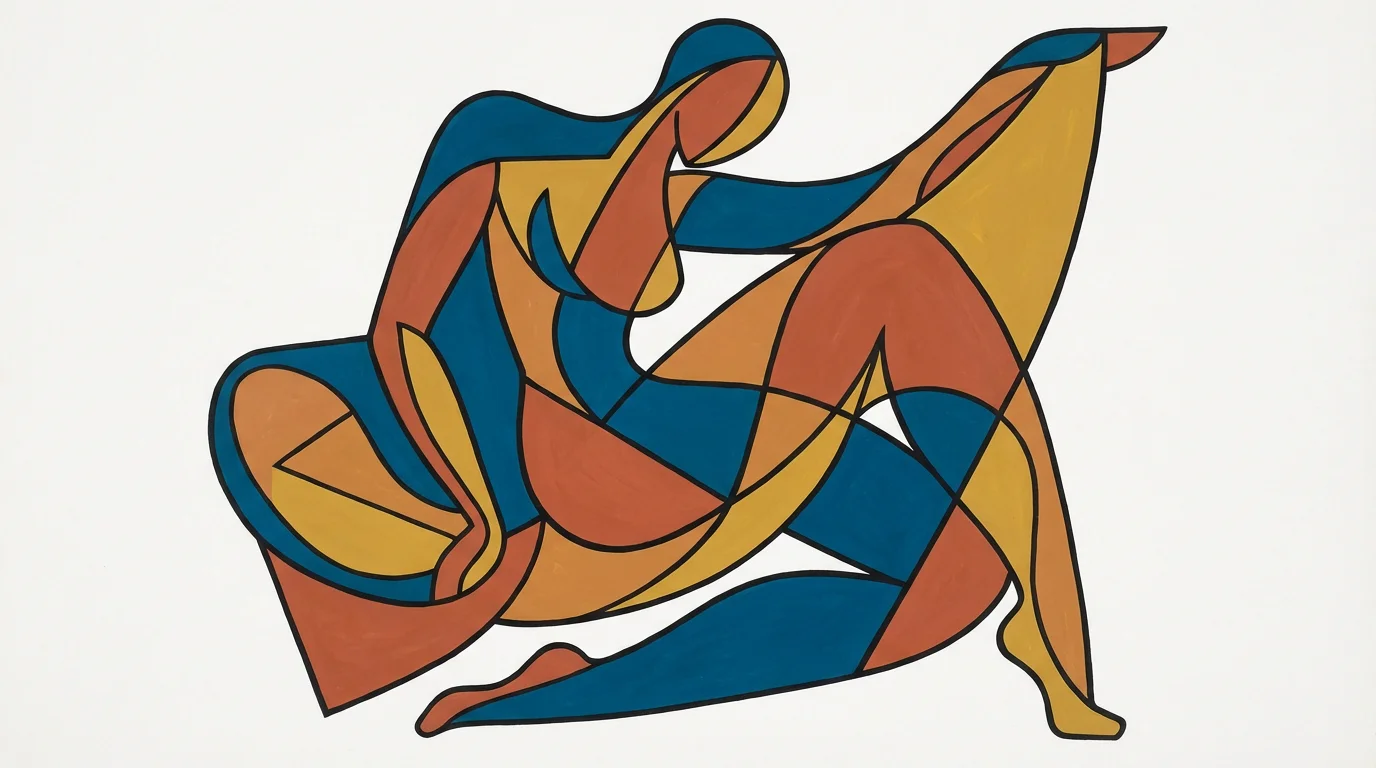 A stylized modern art piece of a human figure in an expressive pose, created with bold geometric shapes and vibrant colors like blue, terracotta, and yellow against a clean white background.