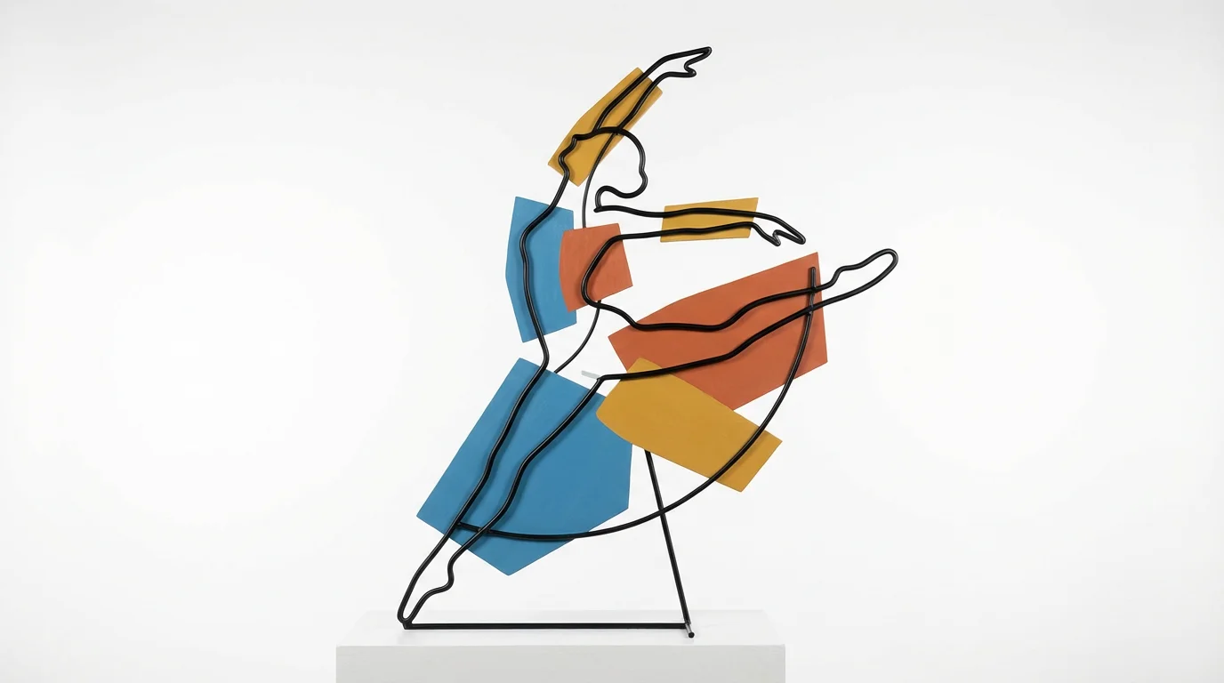 A modern piece of stylized figure art depicting a person in a dynamic pose. The artwork uses bold black lines and flat blocks of blue, orange, and yellow, set against a stark white background.