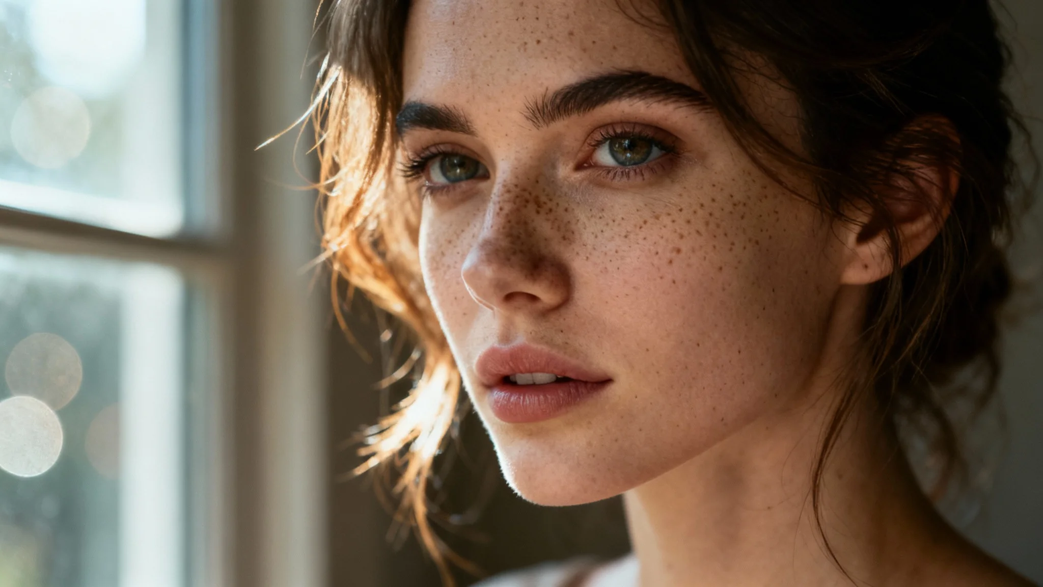 An extremely realistic, high-resolution portrait of a woman with freckles, looking thoughtfully at the camera. The lighting is soft and highlights the incredible detail of her skin and hair, representing the final output of a photorealistic portrait generator.
