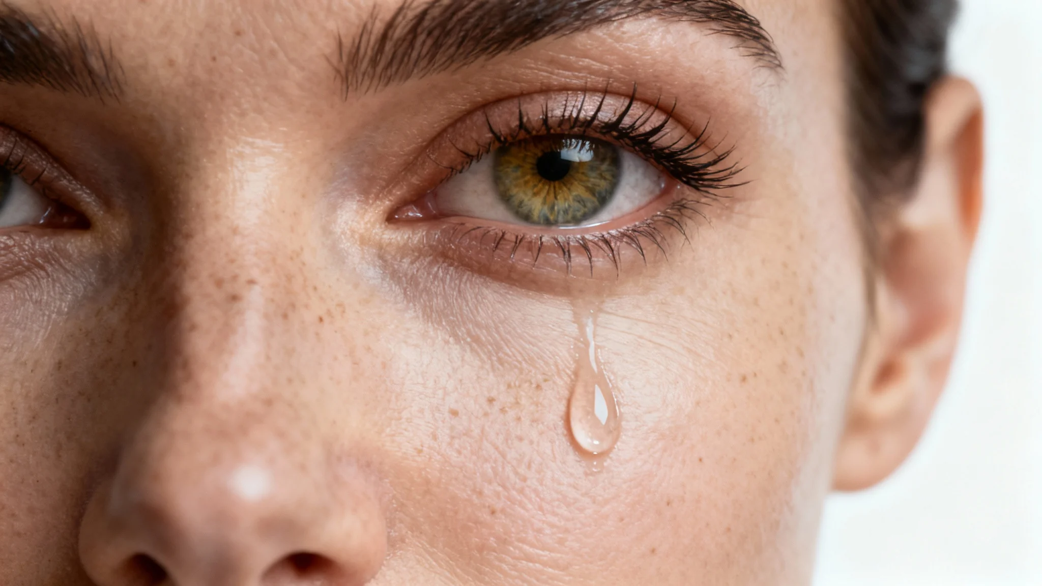 A photorealistic, extreme close-up of a woman's face, showing a single teardrop rolling down her cheek, with highly detailed skin texture and a focused eye, against a stark white background.