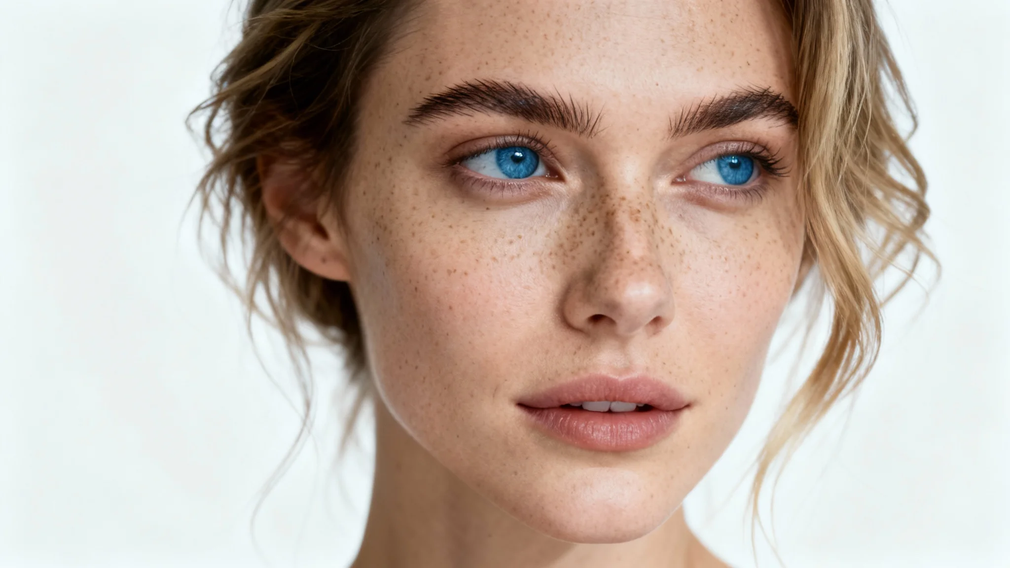 An ultra-photorealistic portrait of a woman with dark blonde hair and blue eyes, set against a solid white background, demonstrating high-detail photography.