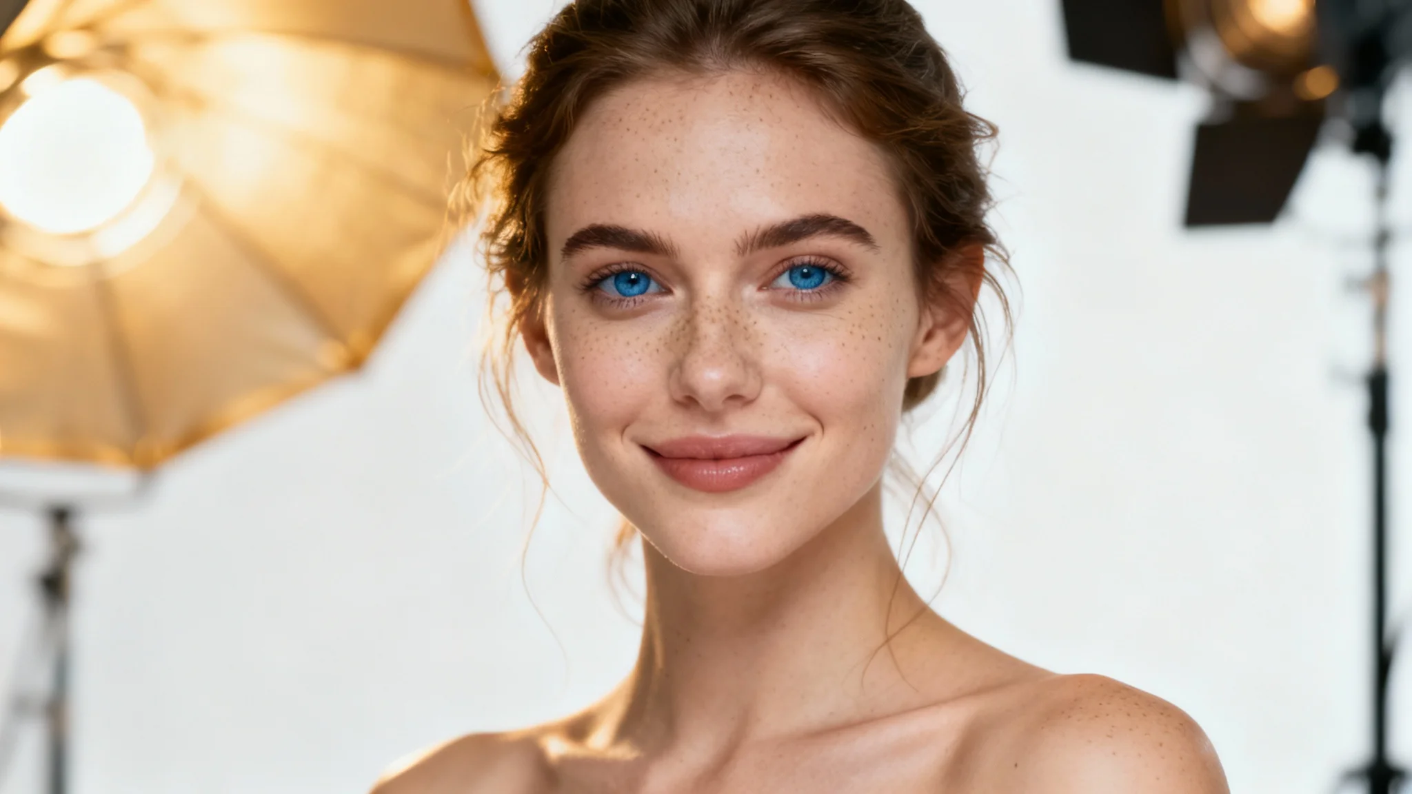 A hyper-realistic, photorealistic portrait of a woman with detailed skin texture and hair, smiling gently against a clean white background, showcasing the quality of an AI-generated portrait.