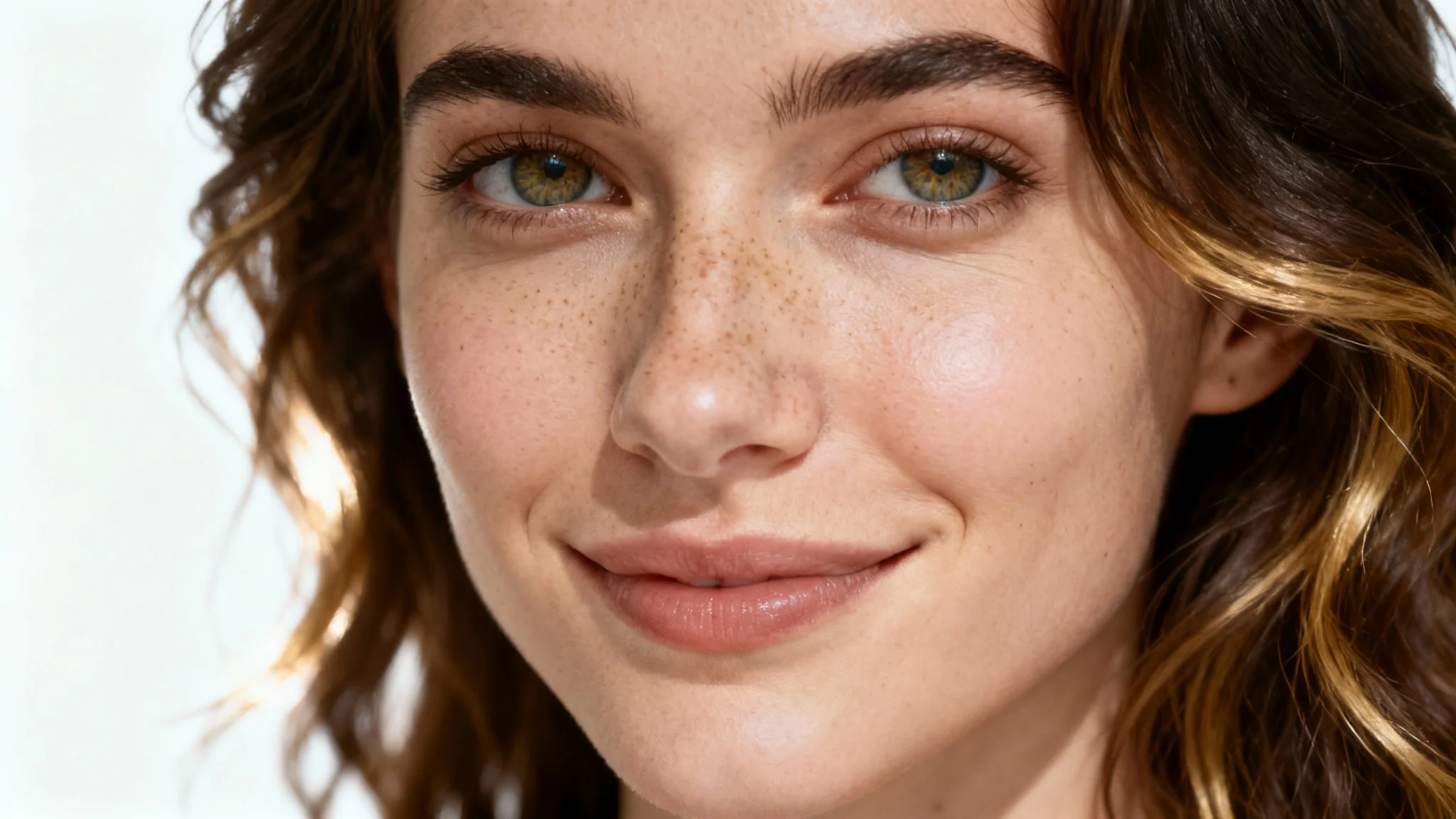 An extremely detailed, photorealistic portrait of a smiling woman with dark hair and hazel eyes, set against a stark white background.
