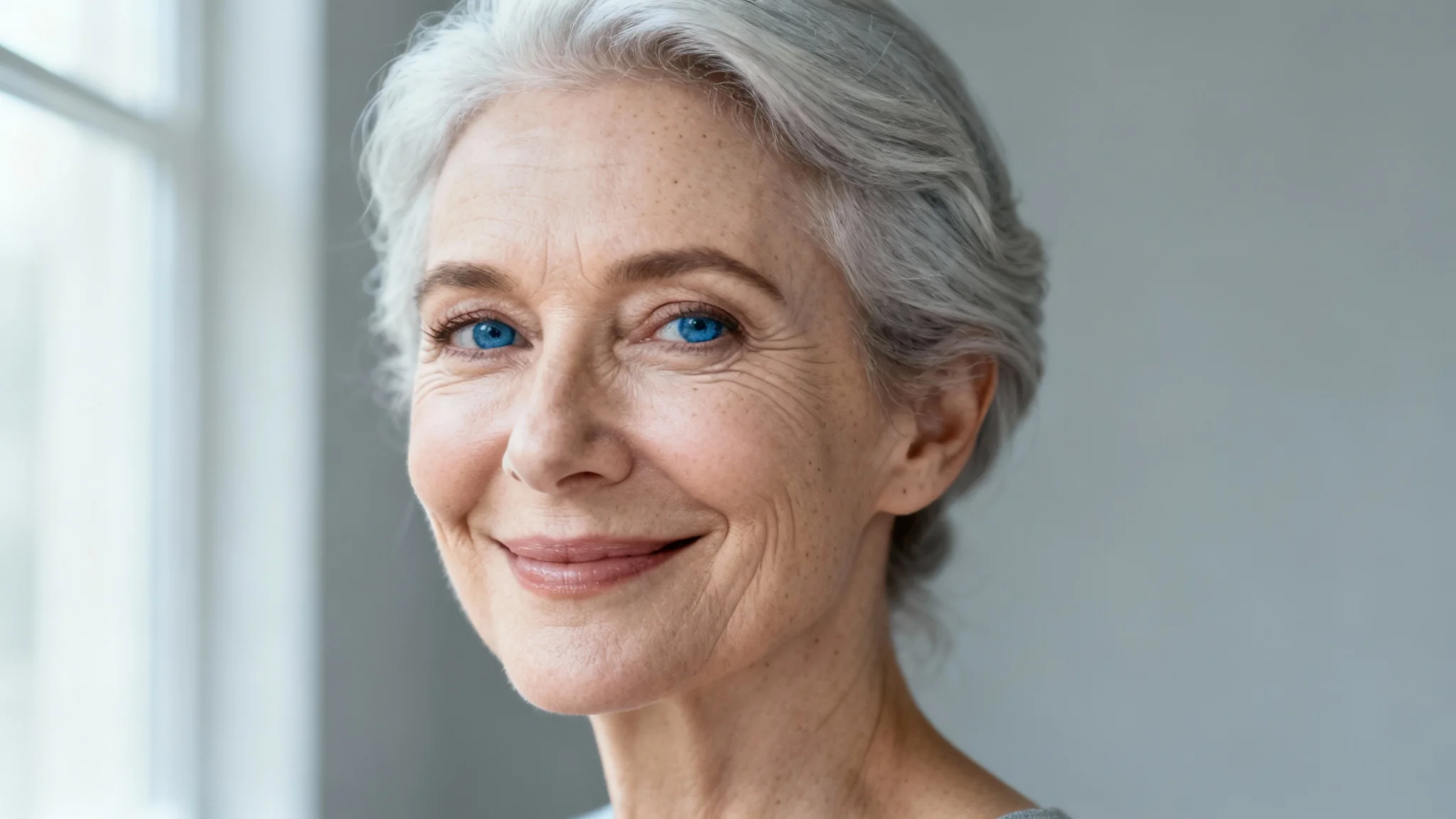A hyper-realistic close-up portrait of an elegant, smiling woman in her late 50s with silver hair and kind eyes, demonstrating photorealistic image generation.