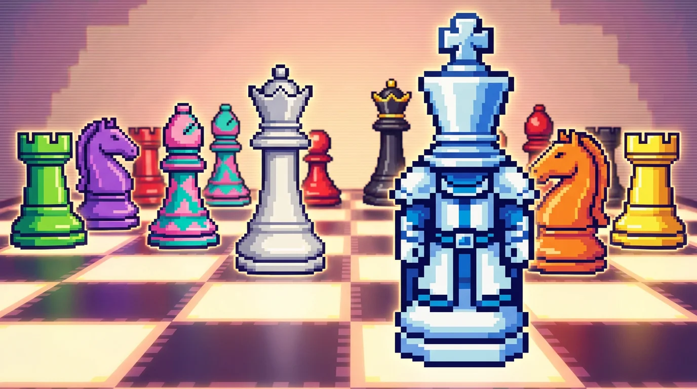 A close-up, dynamic shot of a chessboard with custom-designed pixel art chess pieces in a retro 16-bit style. The white king is in the foreground, and the colorful set is arranged as if in the middle of a game.