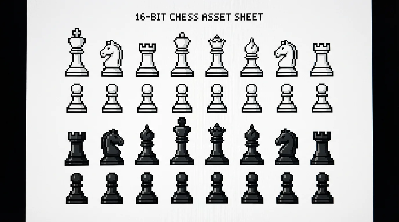 A complete set of 32 chess pieces designed in a black and white 16-bit pixel art style, arranged neatly in a grid on a white background.