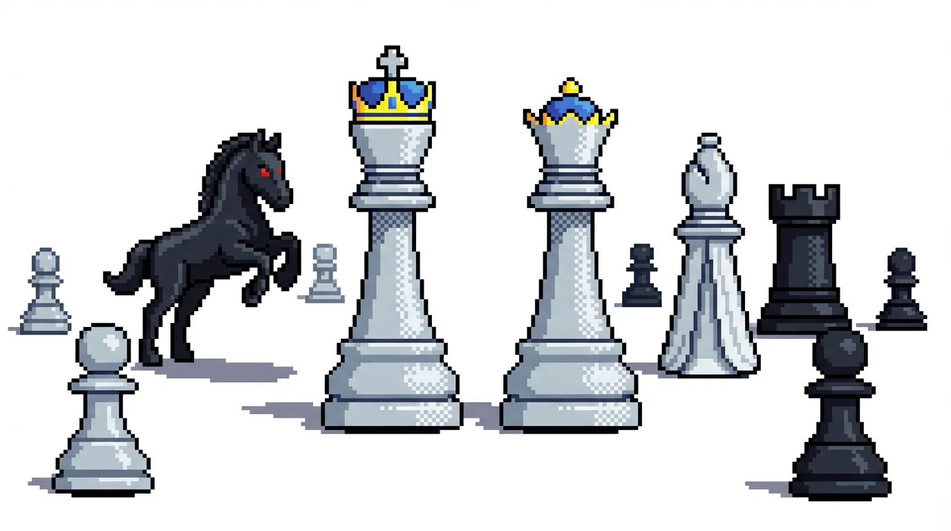 A collection of chess pieces designed in a retro 16-bit pixel art style, featuring a king, queen, knight, and bishop in light gray and charcoal colors, set against a plain white background.