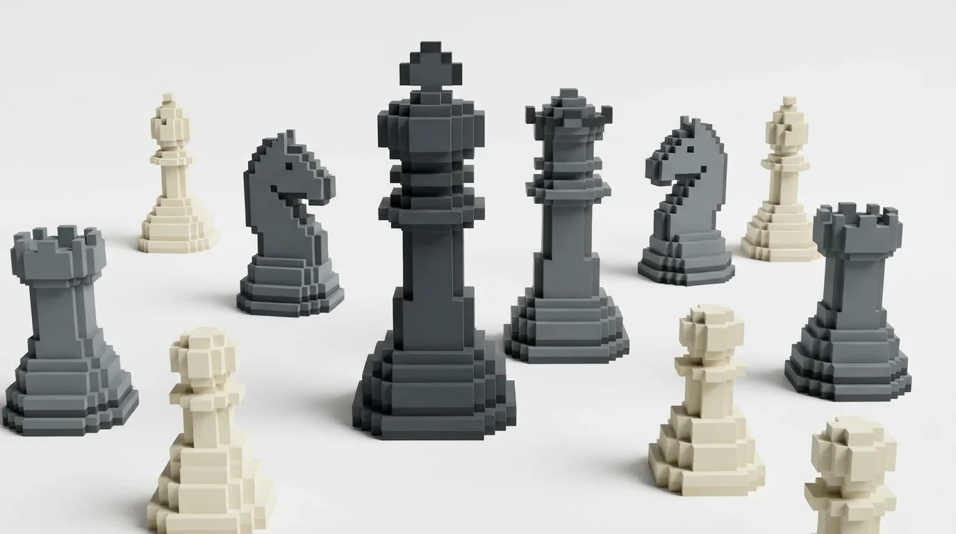 A studio-style mockup of 16-bit pixel art chess pieces in charcoal gray and off-white, arranged neatly on a plain white background.