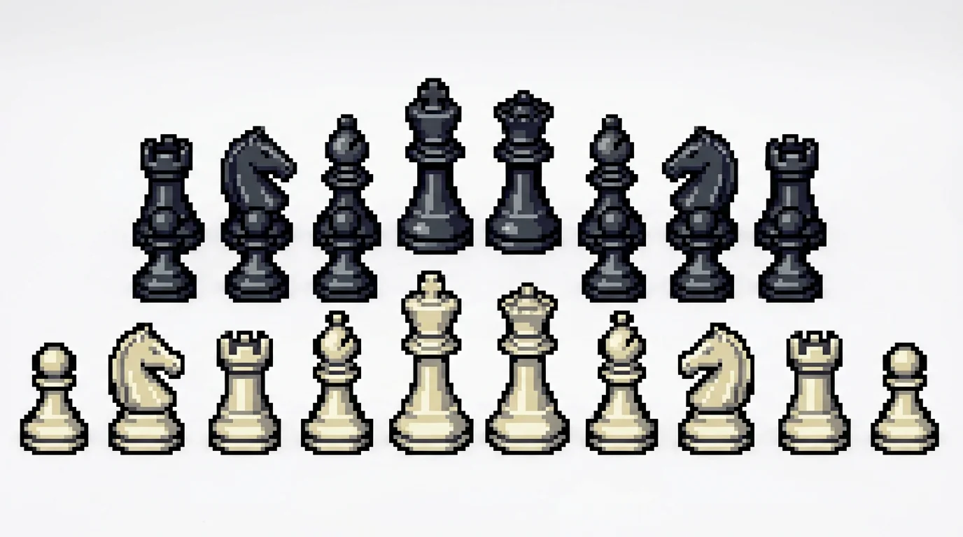 A full set of pixel art chess pieces, showing both the white and black sets, arranged neatly in rows against a clean white background.