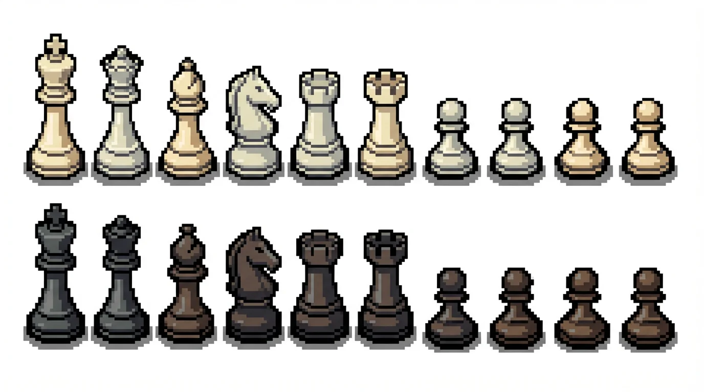 A full set of black and white chess pieces designed in a crisp, 16-bit pixel art style, displayed in two organized rows on a plain white background.