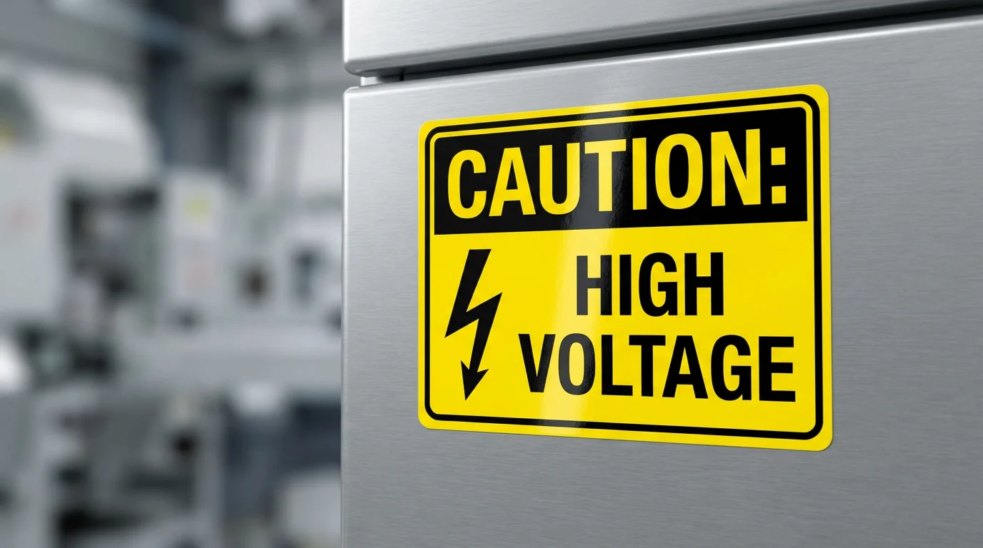 A close-up photo of a professionally made warning sticker that says 'CAUTION: HIGH VOLTAGE' with a lightning bolt symbol, applied to a metal surface.