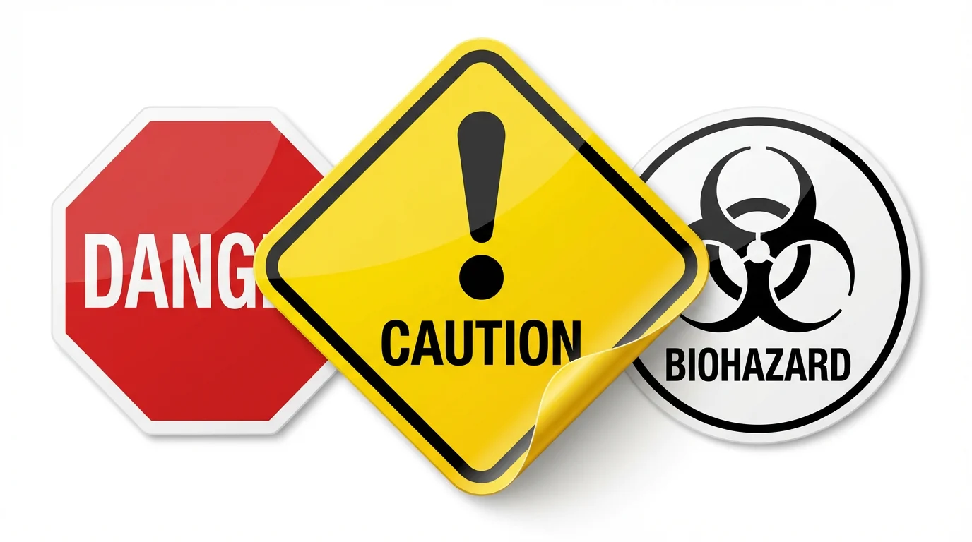 A mockup of three different warning label stickers on a white background: a yellow diamond sticker that says 'CAUTION', a red octagonal sticker that says 'DANGER', and a circular sticker with a biohazard symbol.