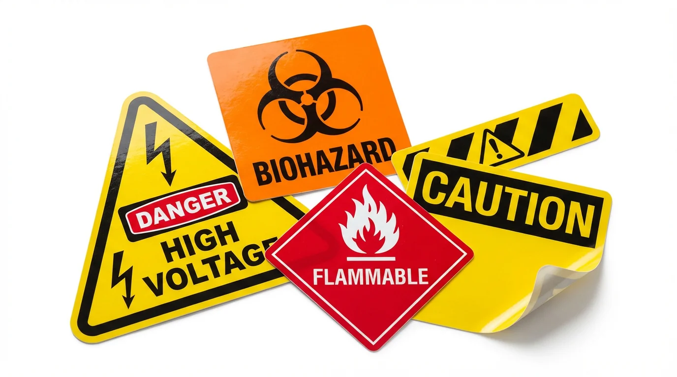 A professional mockup of several different glossy warning label stickers, including 'DANGER HIGH VOLTAGE', 'BIOHAZARD', and 'FLAMMABLE', scattered on a clean white surface.