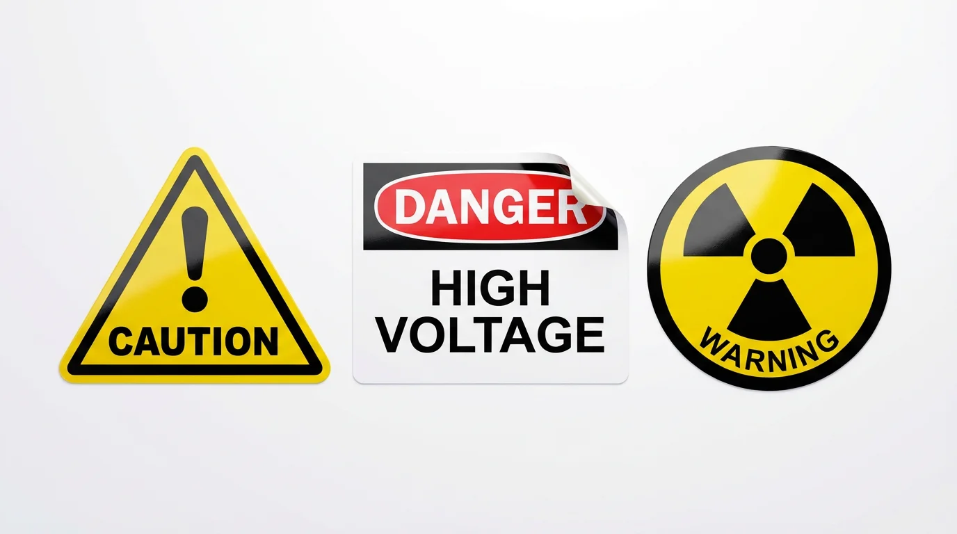 A photorealistic mockup of several glossy warning label stickers, including a yellow 'CAUTION' sticker and a red 'DANGER' sticker, arranged on a clean white background.
