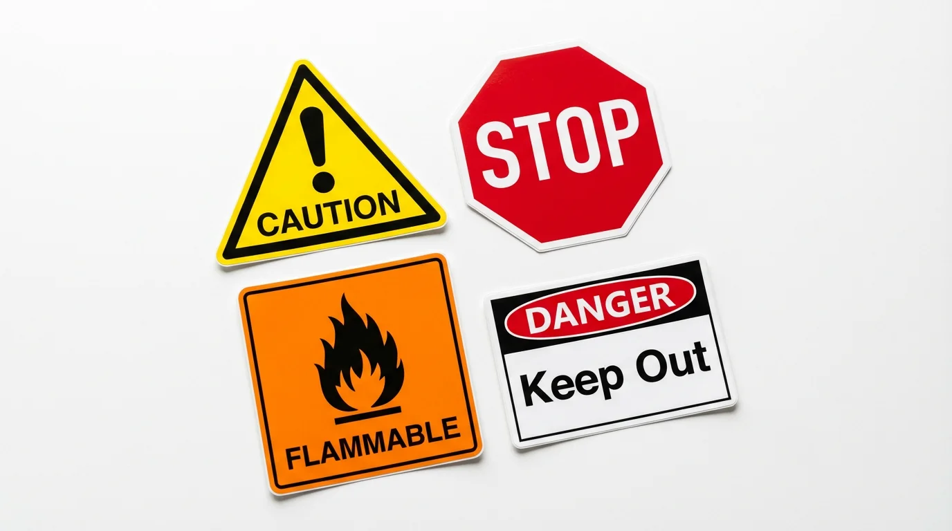 A mockup of various warning label stickers—including 'CAUTION', 'STOP', 'FLAMMABLE', and 'DANGER'—realistically rendered on a plain white surface.