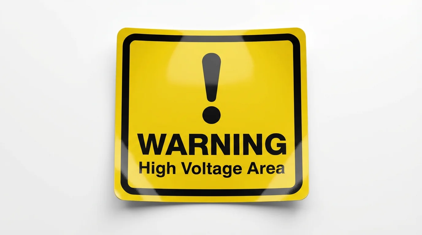 A photorealistic mockup of a square yellow warning label sticker with a black border. It features a large exclamation mark and the legible text 'WARNING' and 'High Voltage Area'.