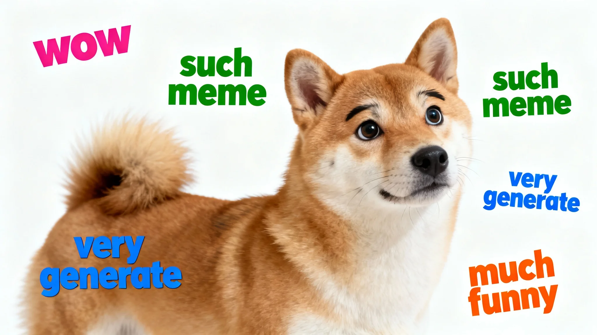 A popular internet meme known as 'Doge', featuring a Shiba Inu dog with a quizzical expression, surrounded by colorful, broken English phrases like 'wow' and 'such meme' on a clean white background.