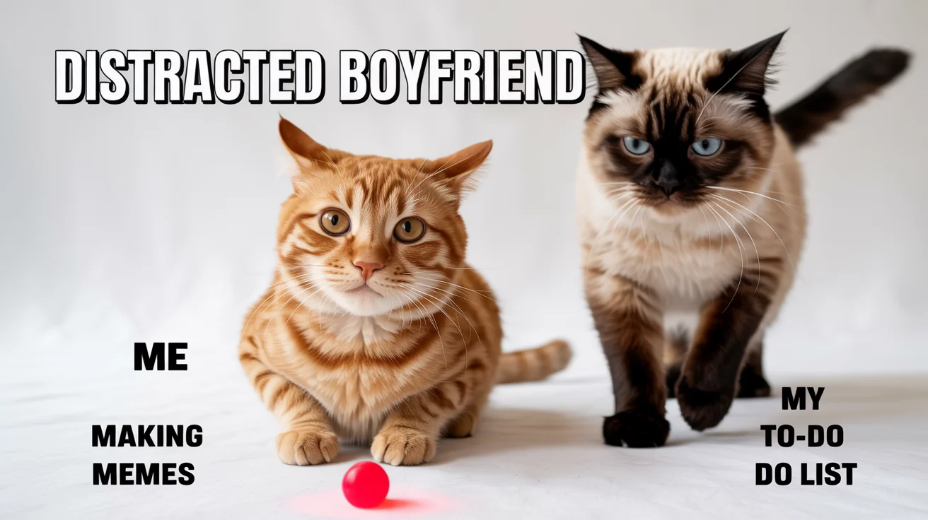 A funny meme in the style of the 'distracted boyfriend' meme, but with cats on a white background. One cat, labeled 'Me', is distracted by a laser pointer dot labeled 'Making Memes', while ignoring another cat labeled 'My To-Do List'.