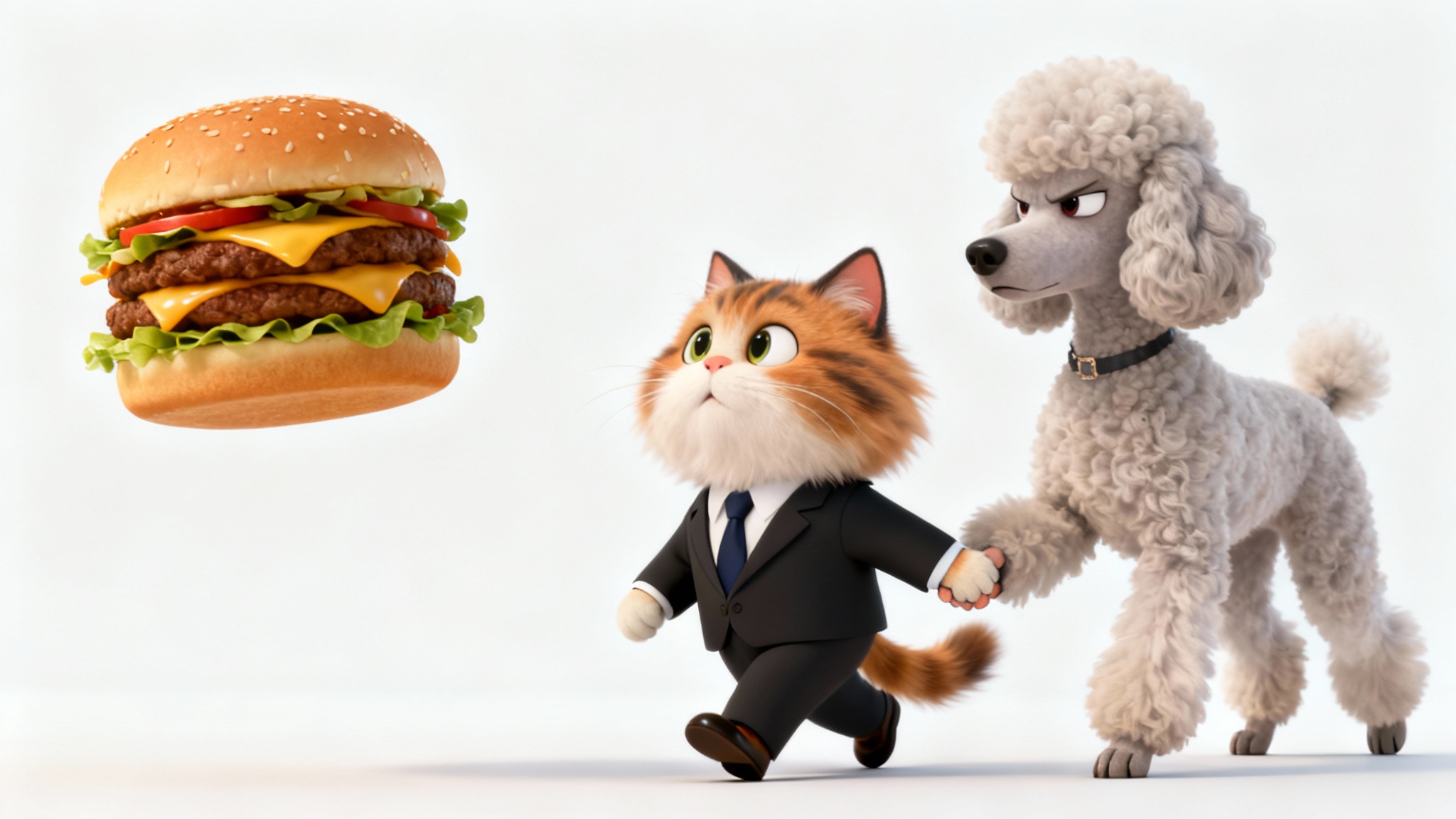 A humorous 3D render of the 'distracted boyfriend' meme, featuring a cat in a suit looking at a giant cheeseburger while his poodle partner looks on, annoyed.