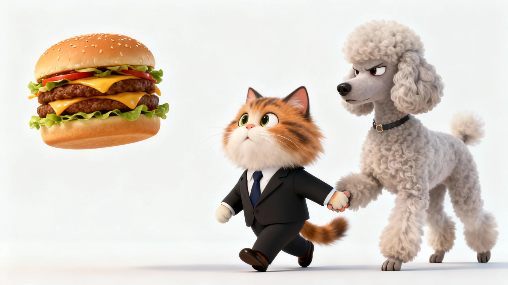 A humorous 3D render of the 'distracted boyfriend' meme, featuring a cat in a suit looking at a giant cheeseburger while his poodle partner looks on, annoyed.