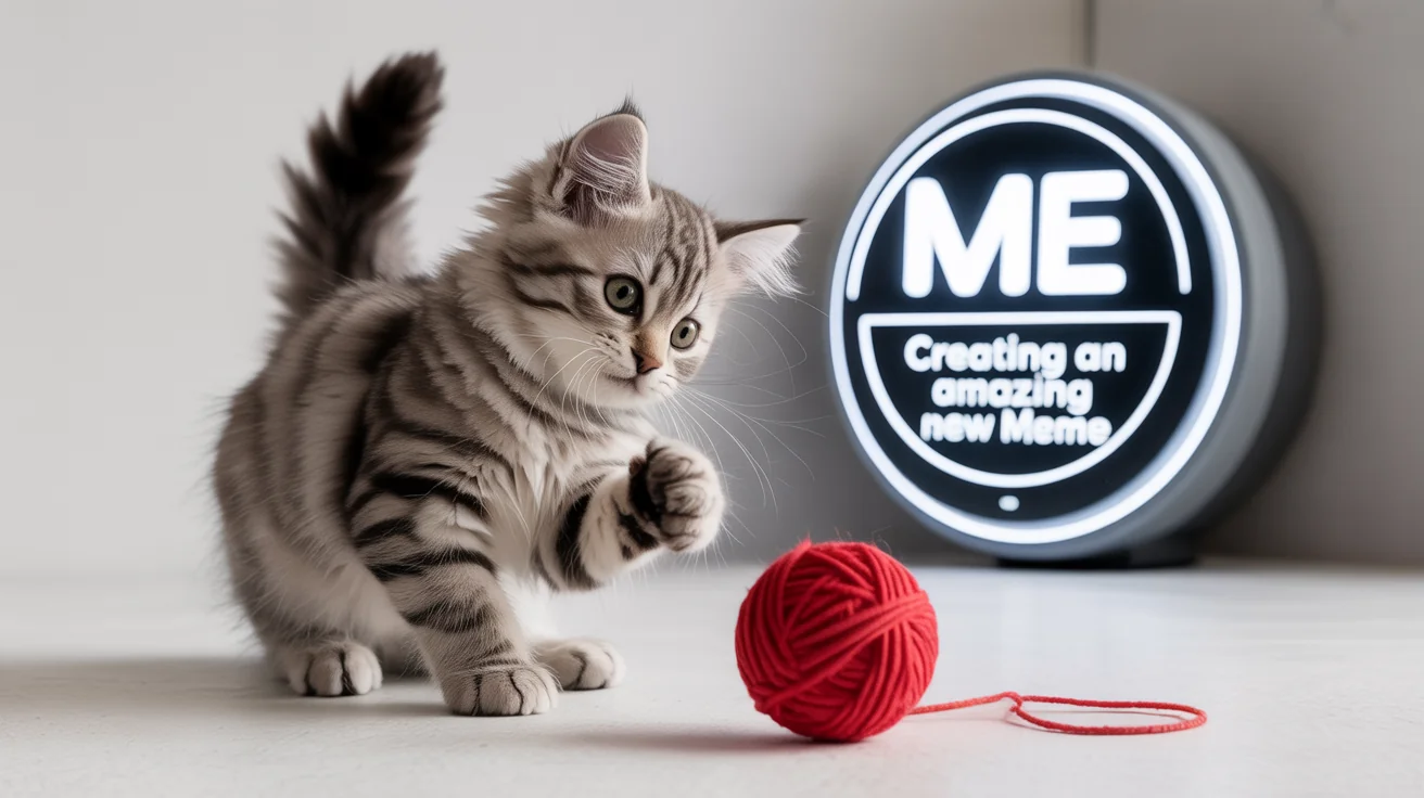 A humorous meme depicting a cat labeled 'Me' being distracted from its simple ball of yarn by a glowing laser pointer toy labeled 'Creating an amazing new meme,' all set against a white background.