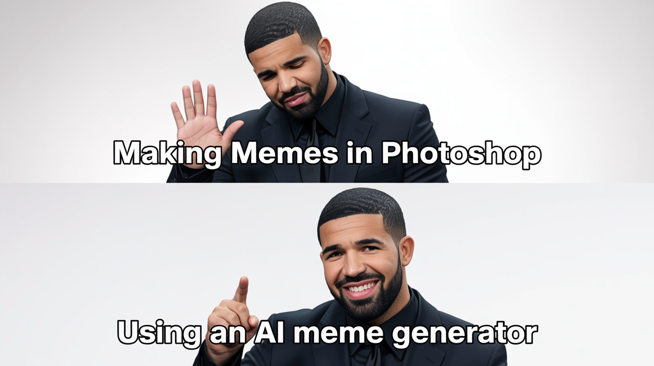 A two-panel 'Drakeposting' meme. The top panel shows Drake rejecting 'Making memes in Photoshop', and the bottom panel shows him approving 'Using an AI meme generator', illustrating the benefit of the tool.