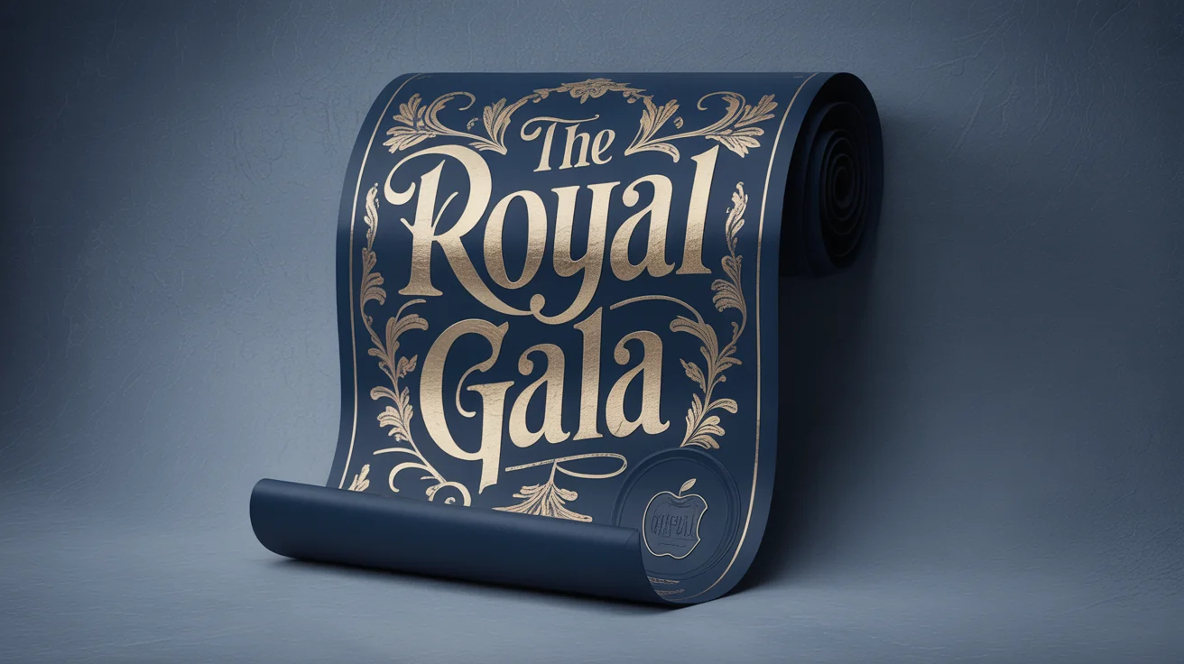 A professionally designed digital banner in the shape of a scroll with the text 'The Royal Gala' in a gold Old English font on a dark background, representing a final design output.