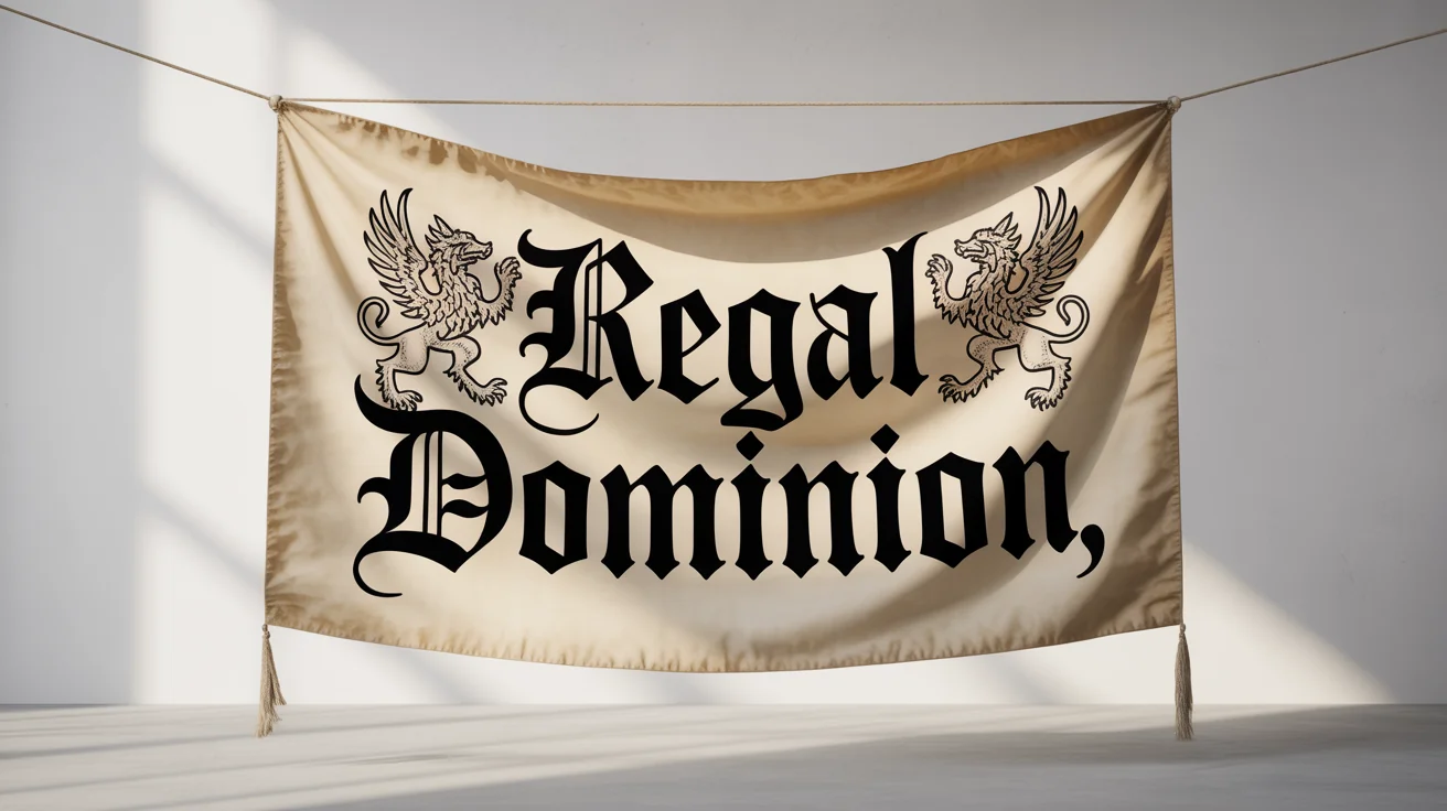 An Old English style banner made from aged fabric against a white background. It features the legible Gothic text 'Regal Dominion' in the center, flanked by two golden heraldic griffins.