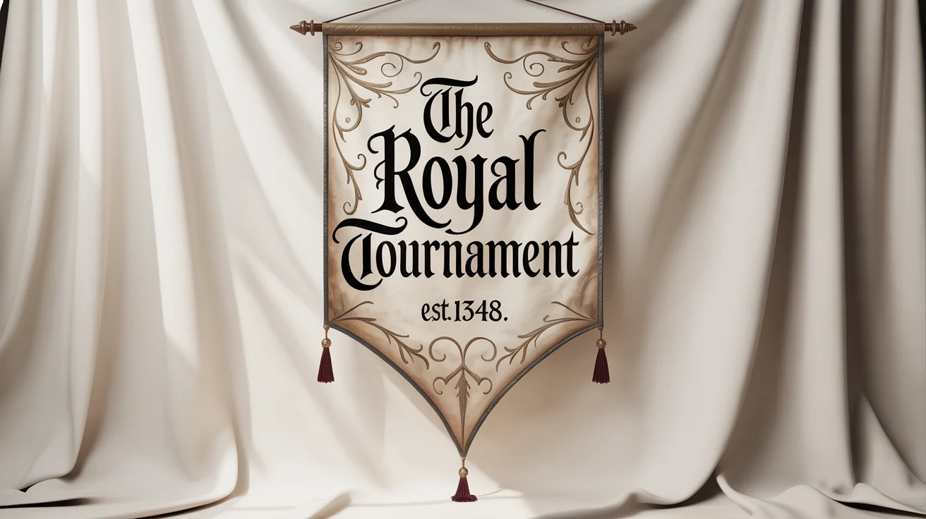 A mockup of a medieval-style vertical banner with Old English text reading 'The Royal Tournament' and 'Est. 1348', set against a plain white background.