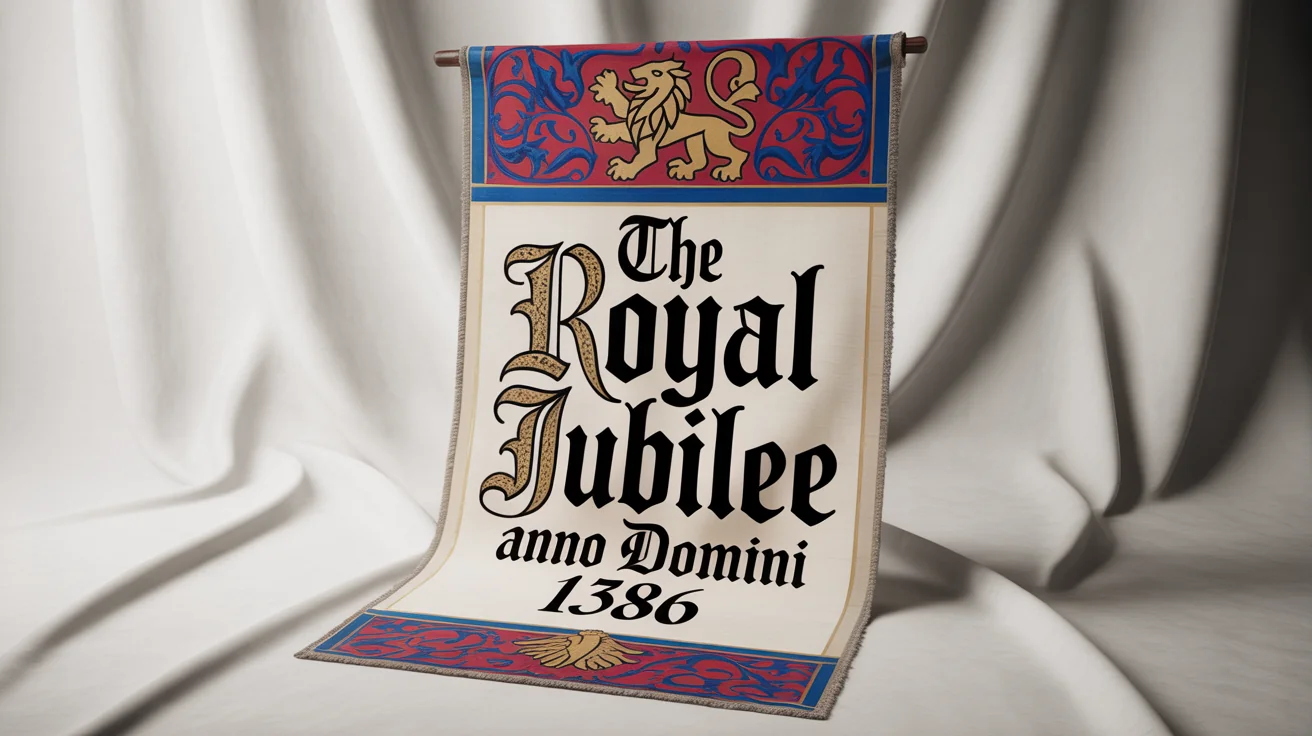A mockup of a medieval banner in an Old English style against a white background. It features the text 'The Royal Jubilee' and 'Anno Domini 1386' in ornate Gothic script with gold and crimson details.