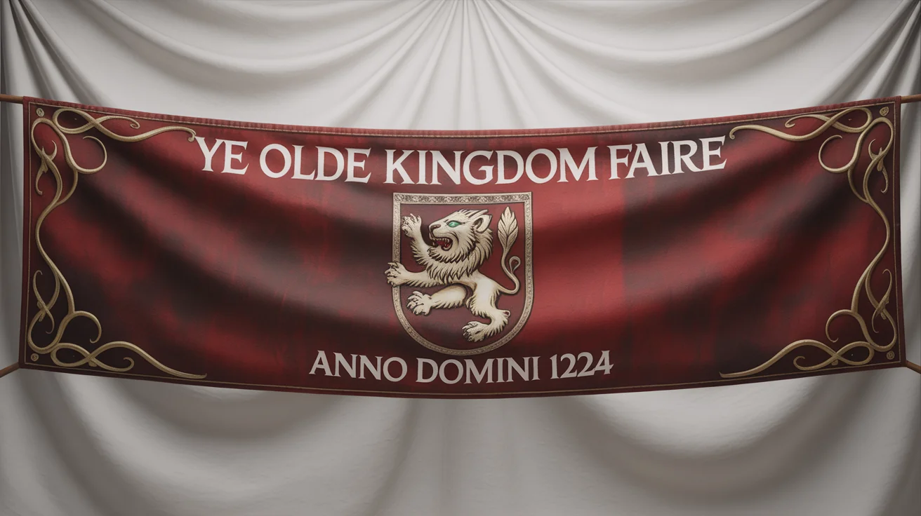 A mockup of a long, crimson banner in an Old English style, with gold filigree borders and a central lion crest. Text reads 'Ye Olde Kingdom Faire' and 'Anno Domini 1224'.