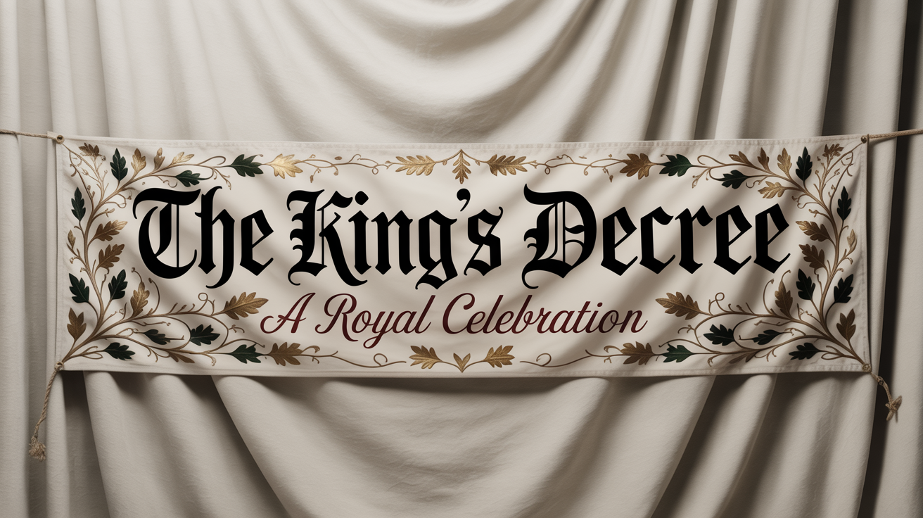 A mockup of a long horizontal banner in an Old English style, featuring the text 'The King's Decree' and 'A Royal Celebration' in Gothic script, surrounded by a gold and green ornate border, all on a white background.